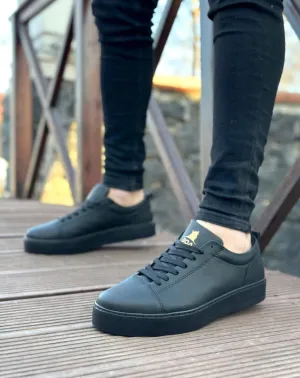 BA0104 Lace-Up Black Skin Sport Classic Men's Sneakers Shoes