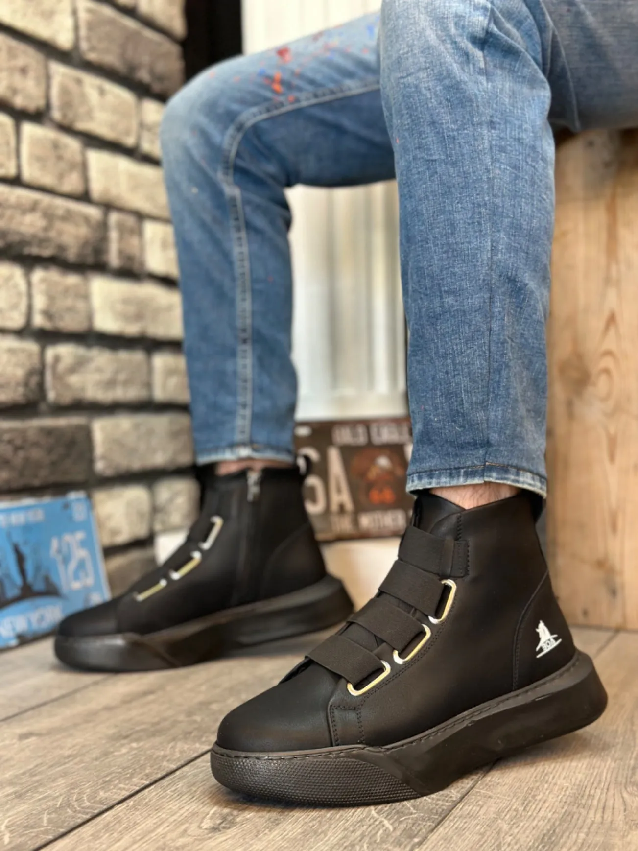 BA0142 Banded Men's High Heel Black Sole Sports Boots