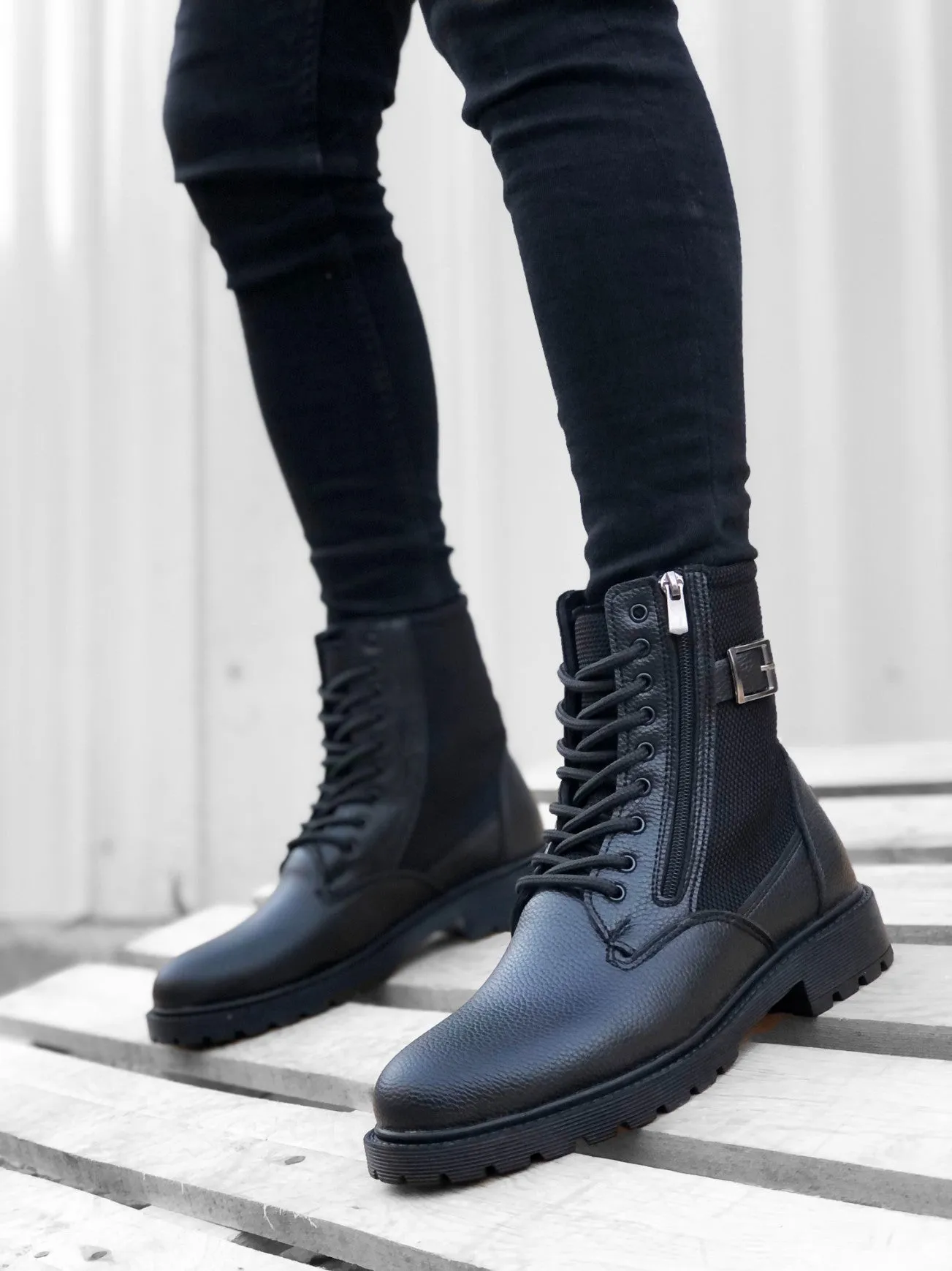 BA0218 Black Men's Sport Classic Boots With Side Buckle Zipper