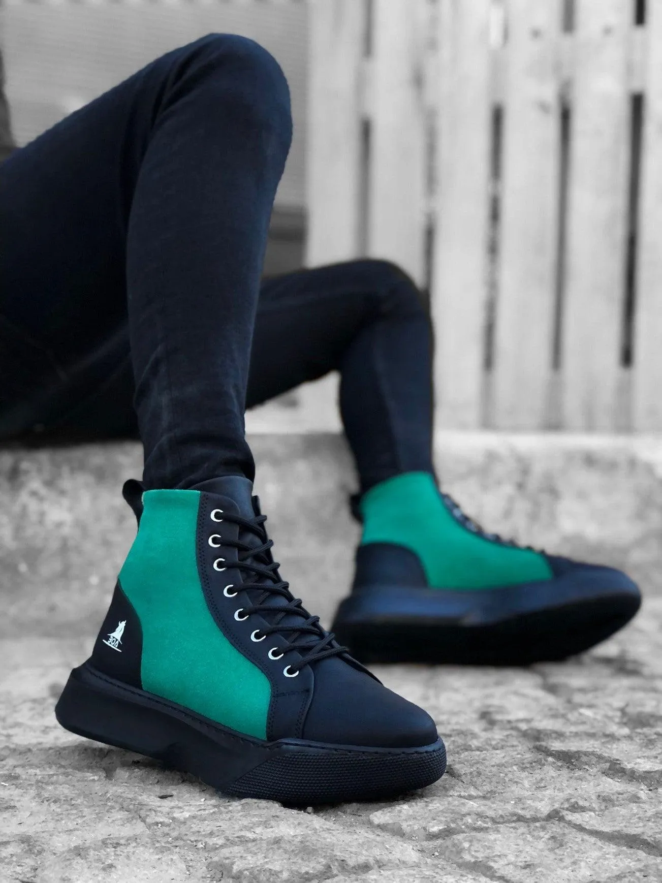 BA0256 Lace-up Men's High Sole Black Green Sole Sports Boots