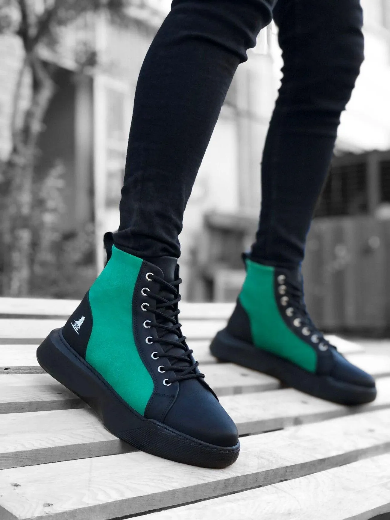 BA0256 Lace-up Men's High Sole Black Green Sole Sports Boots