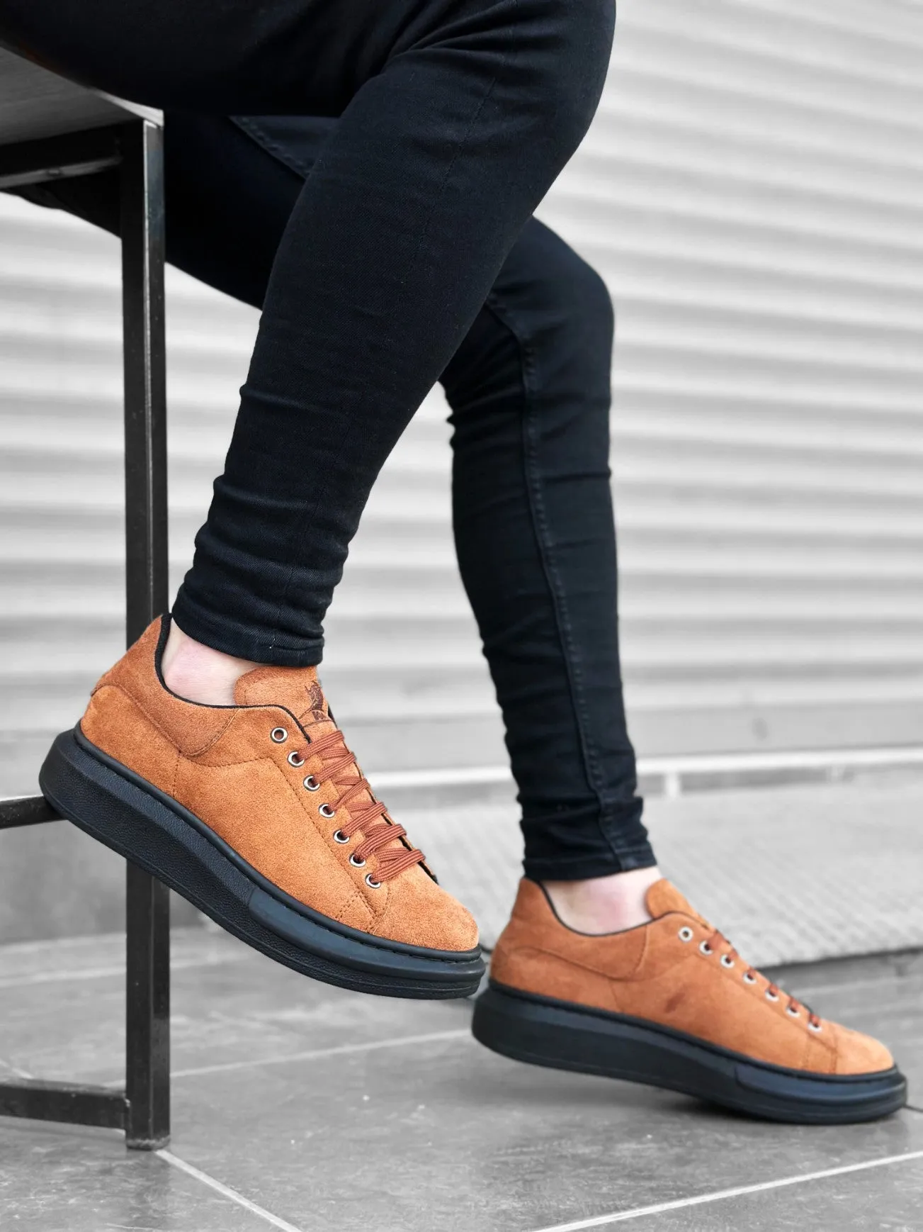 BA0547 Thick High Sole Tan Black Suede Lace-up Sports Men's Sneakers Shoes