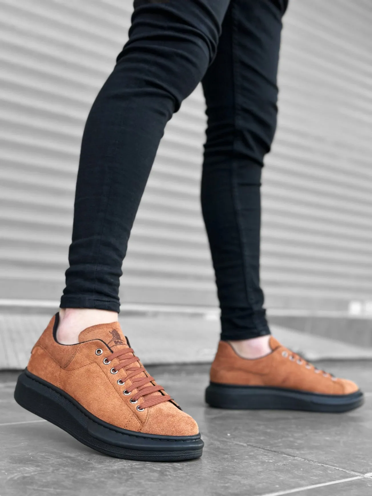 BA0547 Thick High Sole Tan Black Suede Lace-up Sports Men's Sneakers Shoes