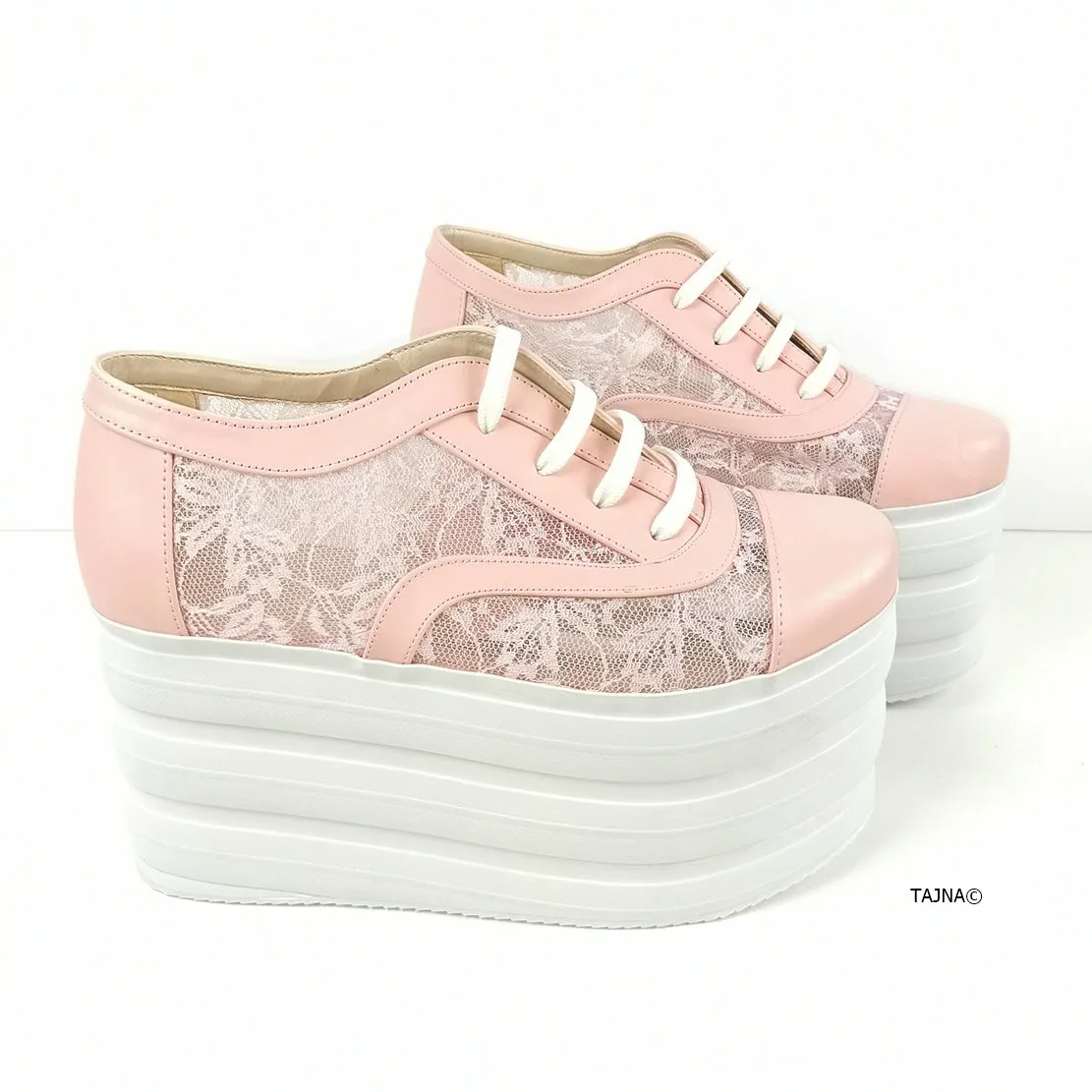 Light Pink Lace Up Flatform Wedges