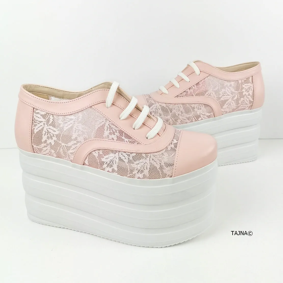 Light Pink Lace Up Flatform Wedges