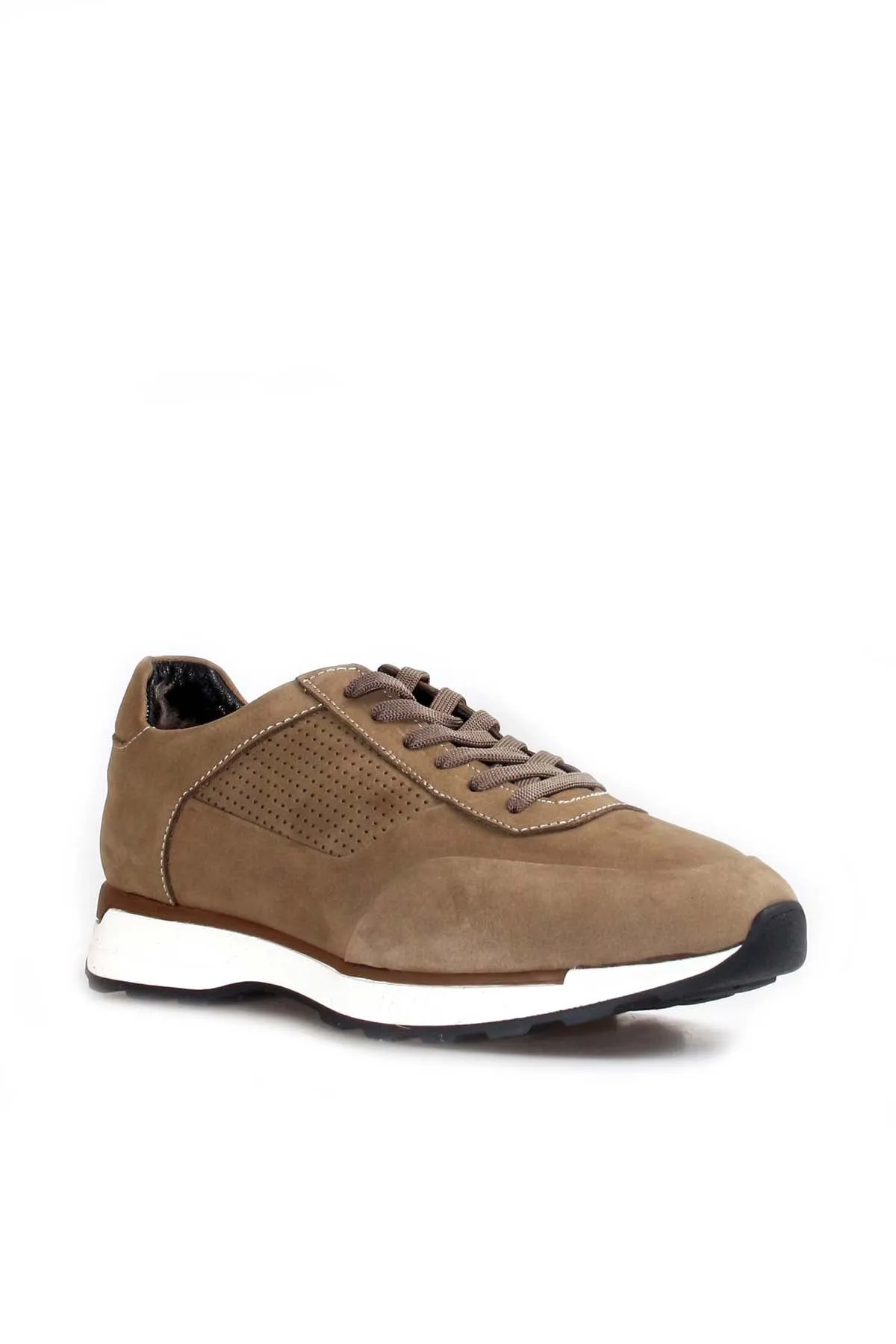 Men's Beige Suede Sneakers with Perforated Detailing and White Sole - Wessi