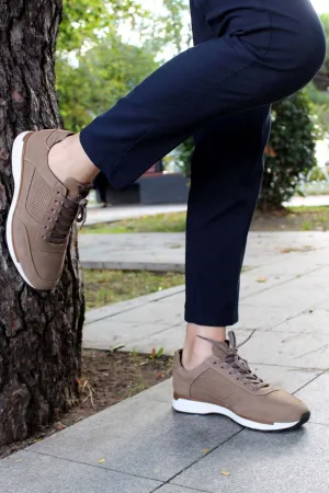 Men's Beige Suede Sneakers with Perforated Detailing and White Sole - Wessi