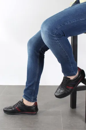 Men's Black Leather Sneakers with Red and Navy Stripes - Wessi
