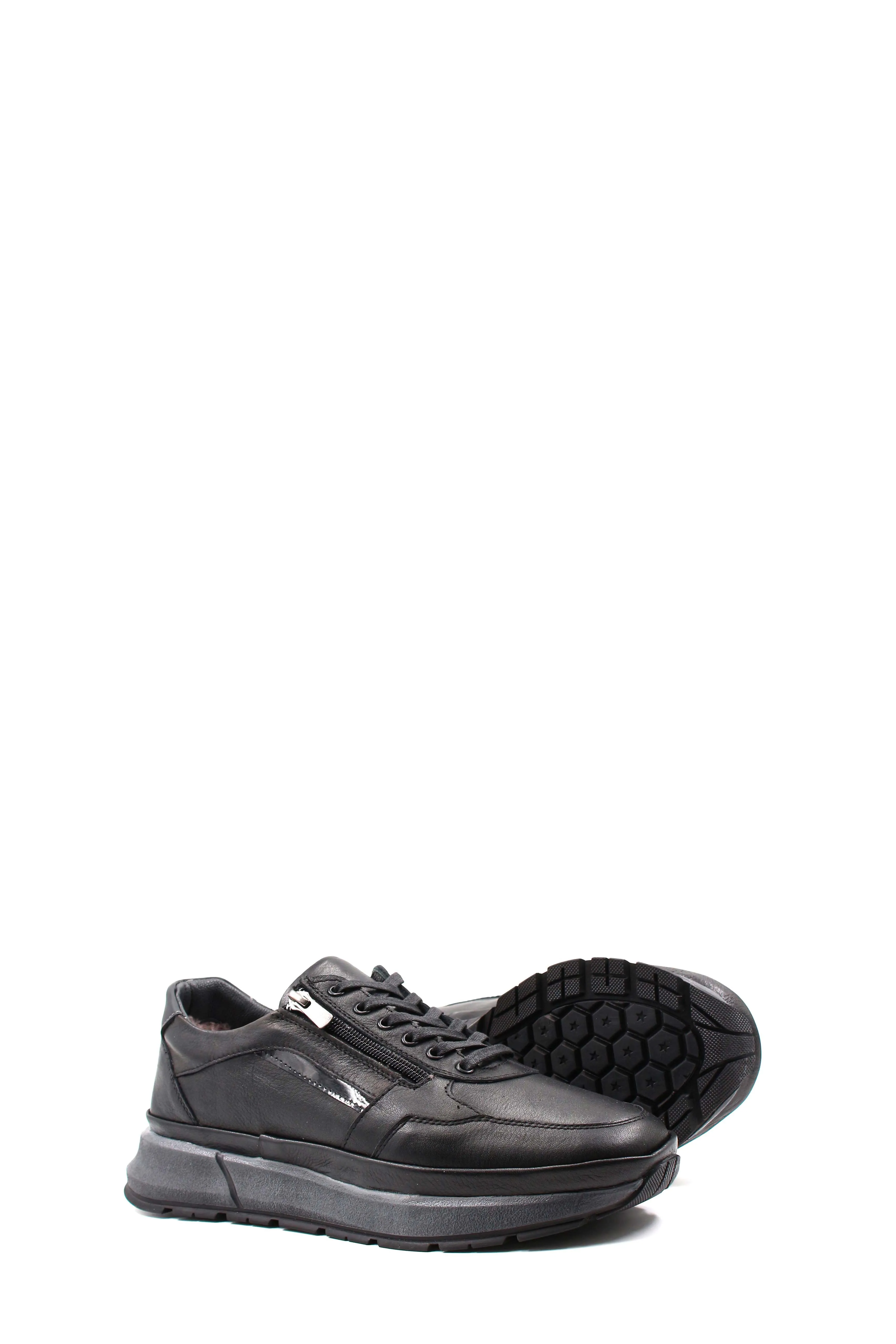 Men's Black Leather Sneakers with Side Zipper and Warm Fur Lining - Wessi