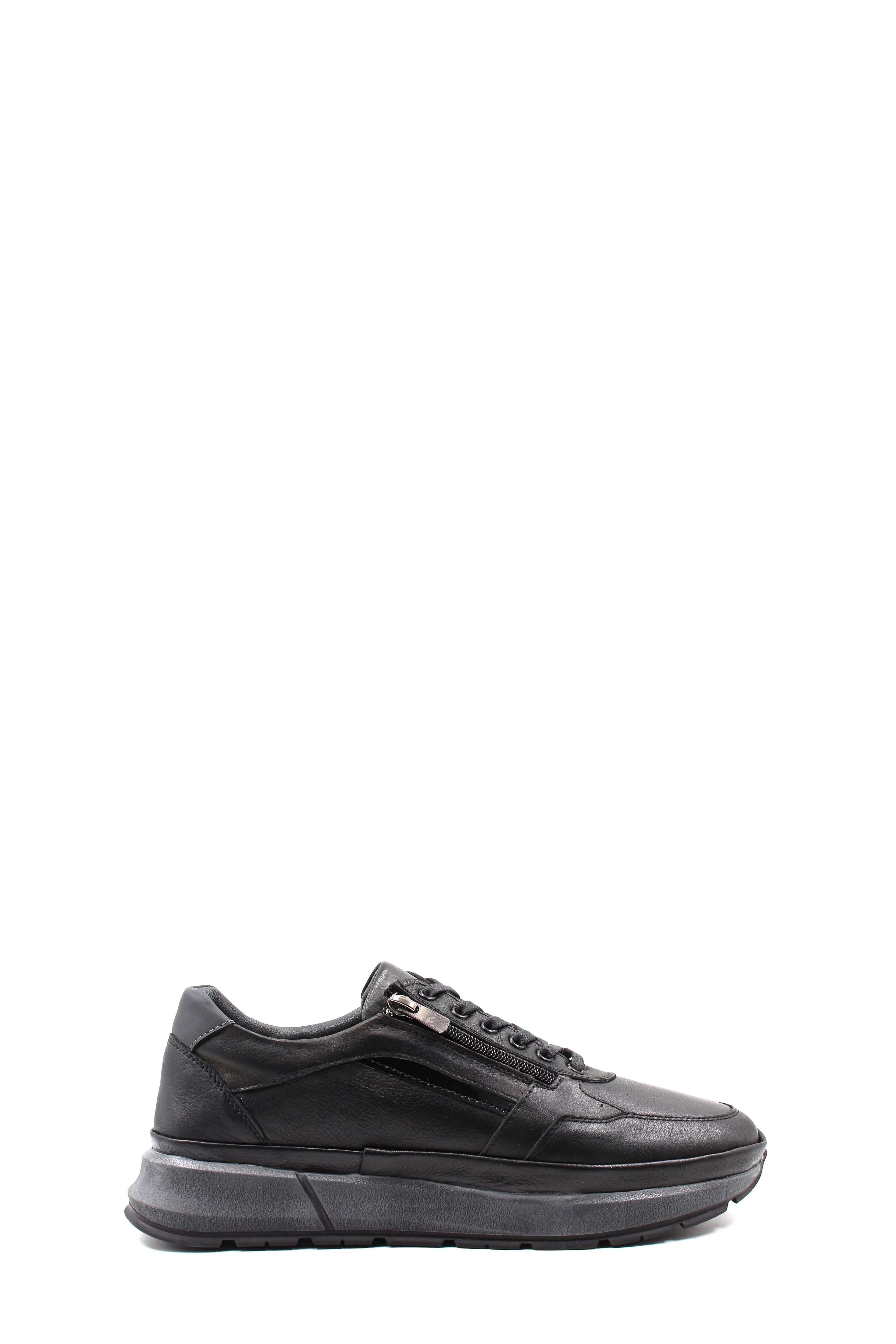 Men's Black Leather Sneakers with Side Zipper and Warm Fur Lining - Wessi