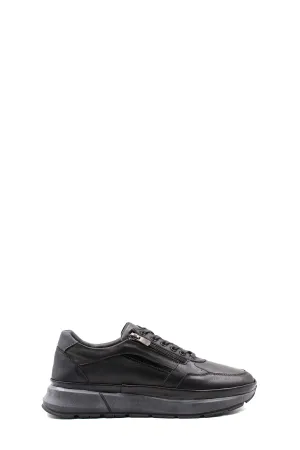 Men's Black Leather Sneakers with Side Zipper and Warm Fur Lining - Wessi