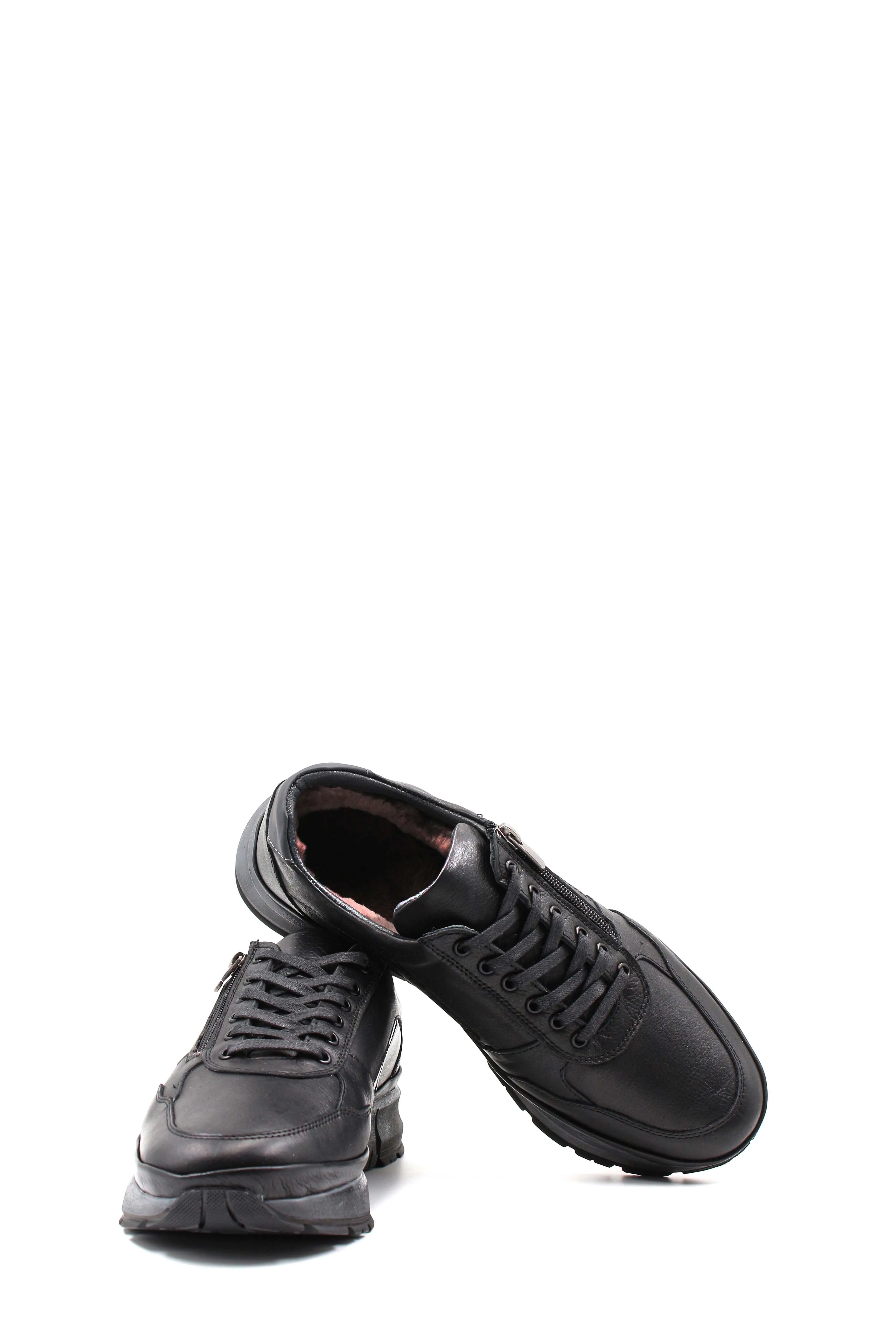 Men's Black Leather Sneakers with Side Zipper and Warm Fur Lining - Wessi