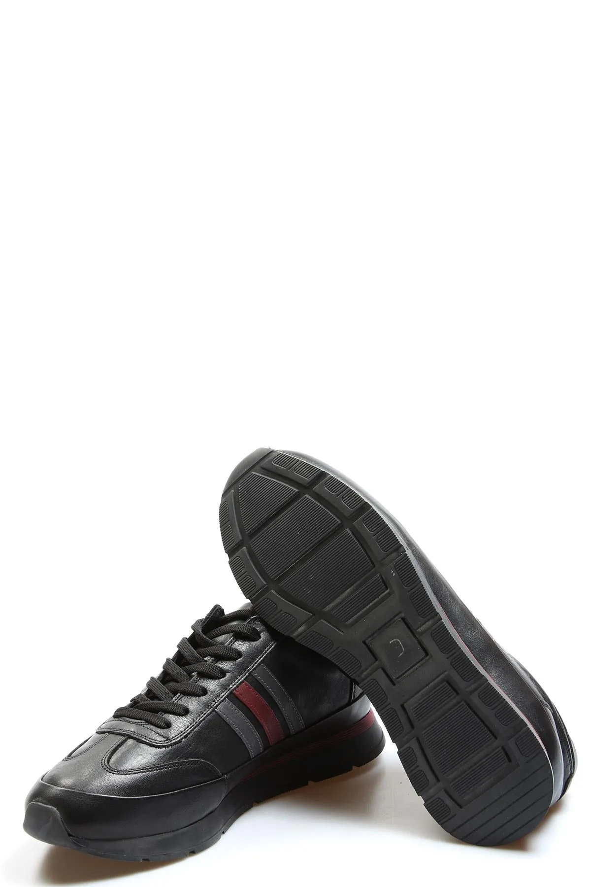 Men's Black Leather Stripe Sneakers-Wessi