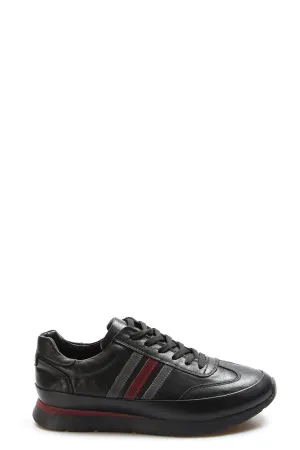 Men's Black Leather Stripe Sneakers-Wessi