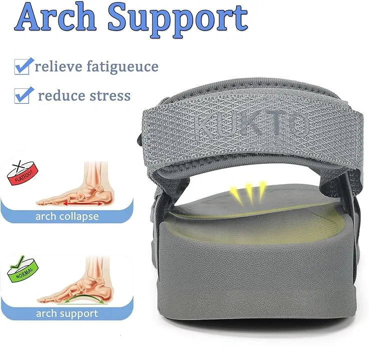 New Retail $90  KUKTO Mens Womens Sport Sandals Athletic Hiking Sandals with Arch Support Outdoor Adjustable Open Toe Summer Shoes for Walking Beach Casual Camping GREY Fits Men 9.5, Women 10.5
