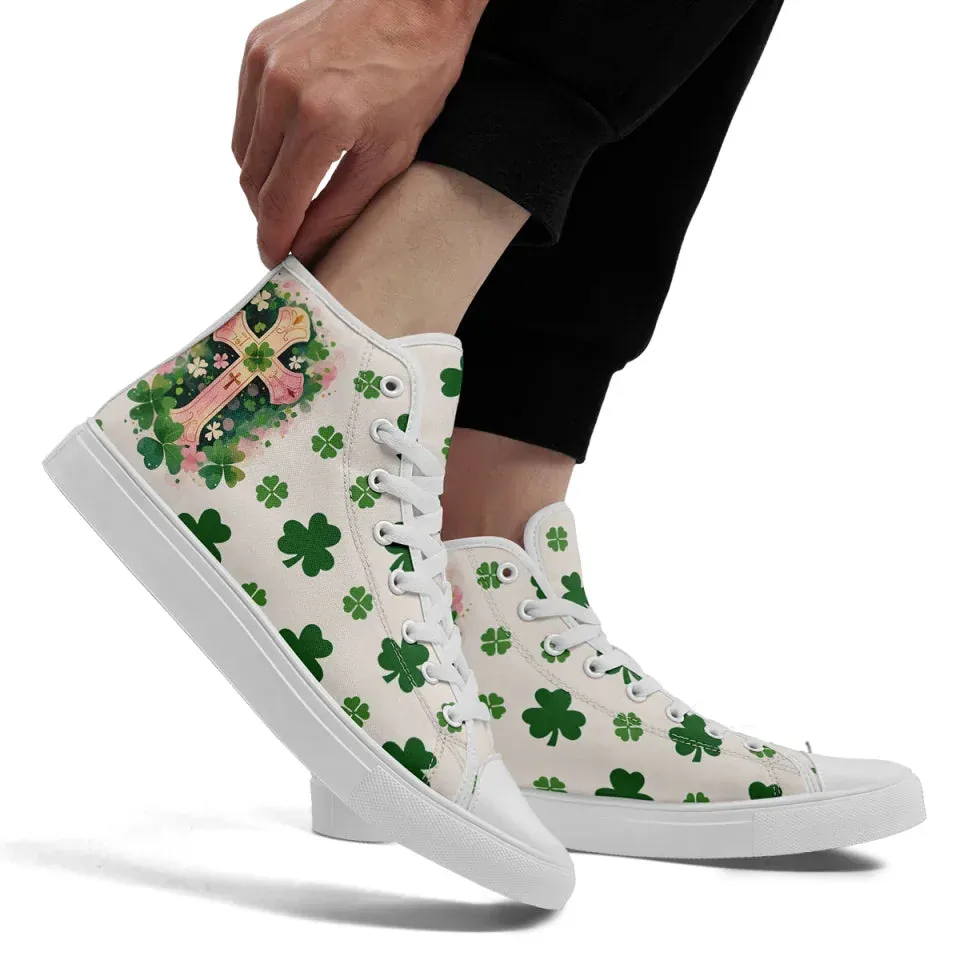 Personalized Four-Leaf Lucky Sneakers, Custom Irish Pride Shoes, Stylish High Top Walking Shoes