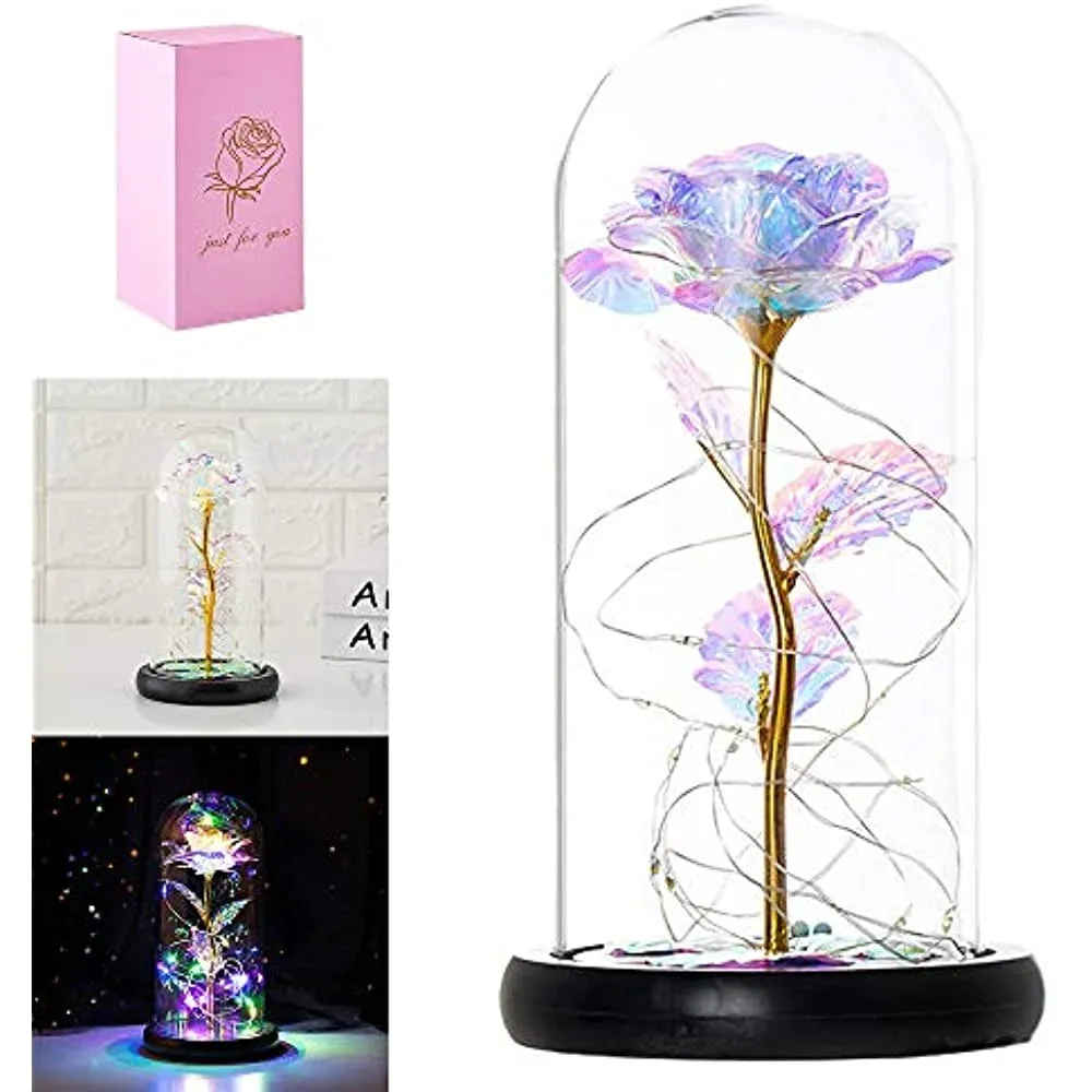 RELAX 8.66" Artificial Multicolor LED Rose Flower in Glass Dome