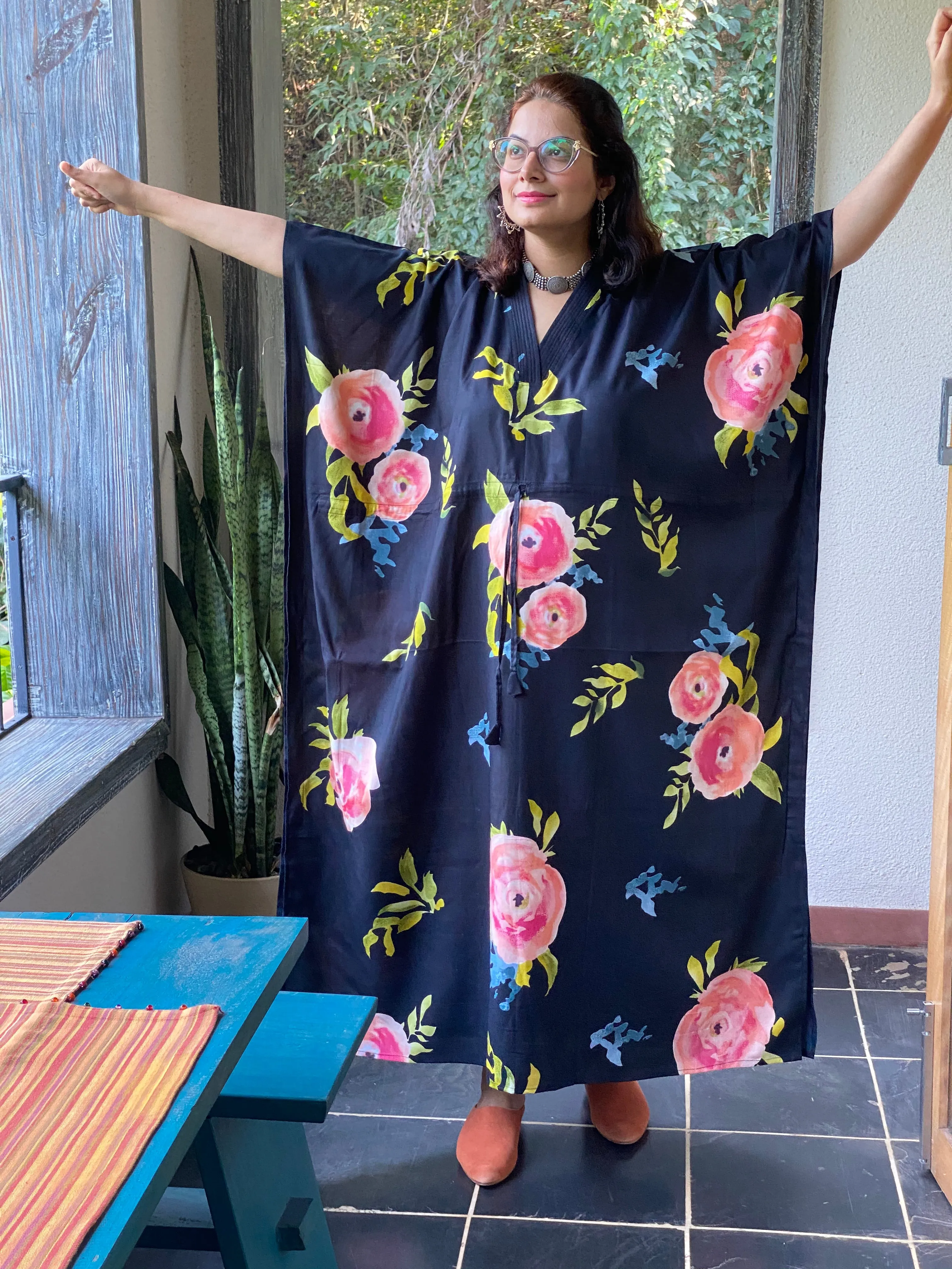 Smiling Blooms V-Neck, Cinched Waist Ankle Length Kaftan
