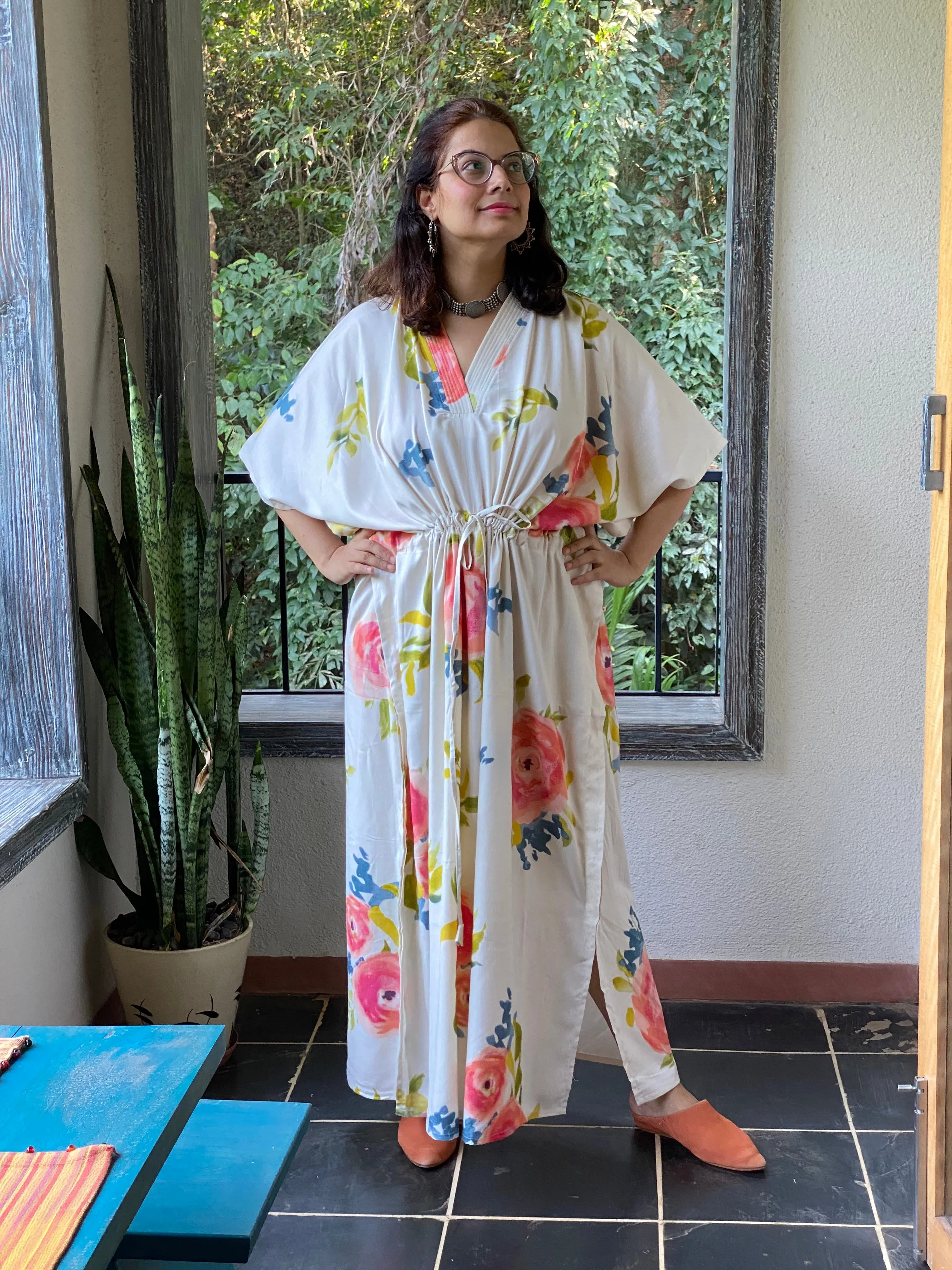 Smiling Blooms V-Neck, Cinched Waist Ankle Length Kaftan