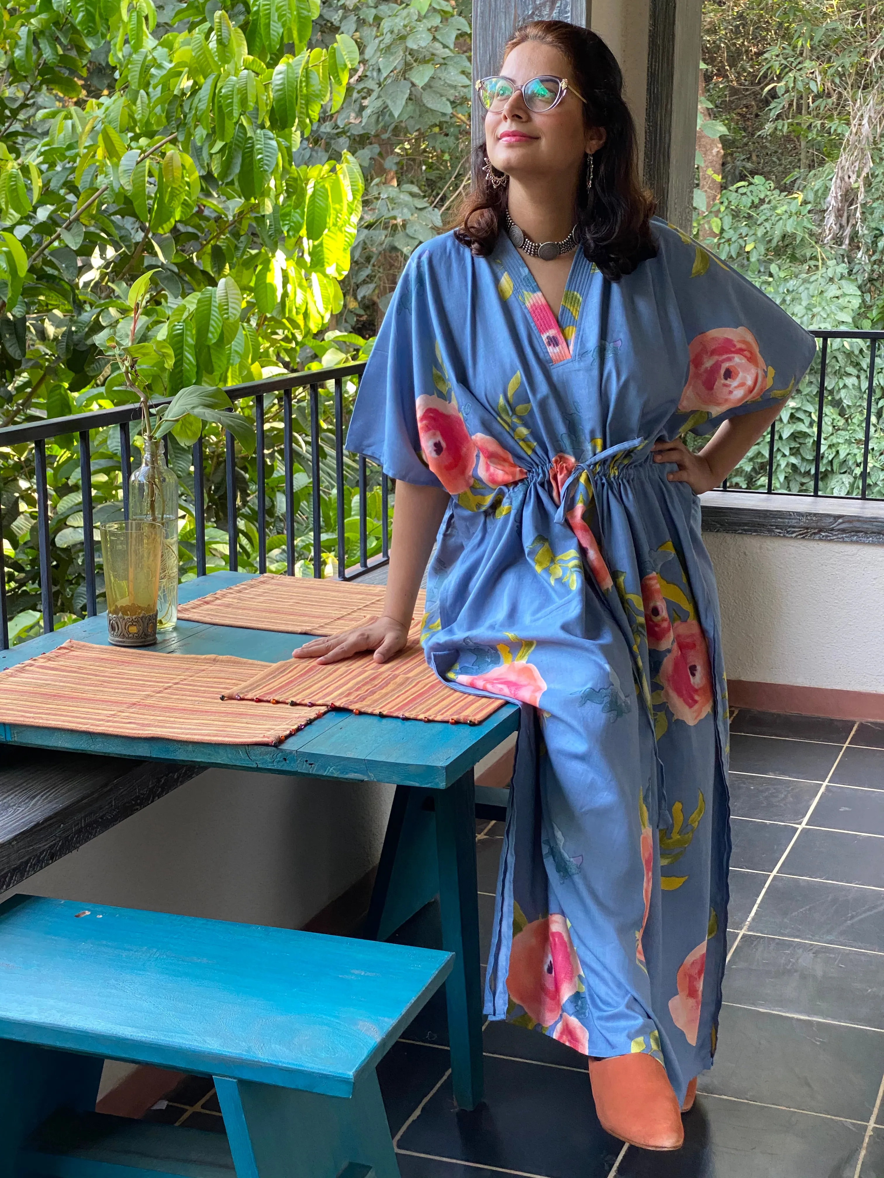 Smiling Blooms V-Neck, Cinched Waist Ankle Length Kaftan