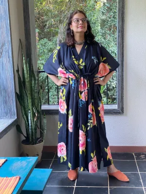 Smiling Blooms V-Neck, Cinched Waist Ankle Length Kaftan