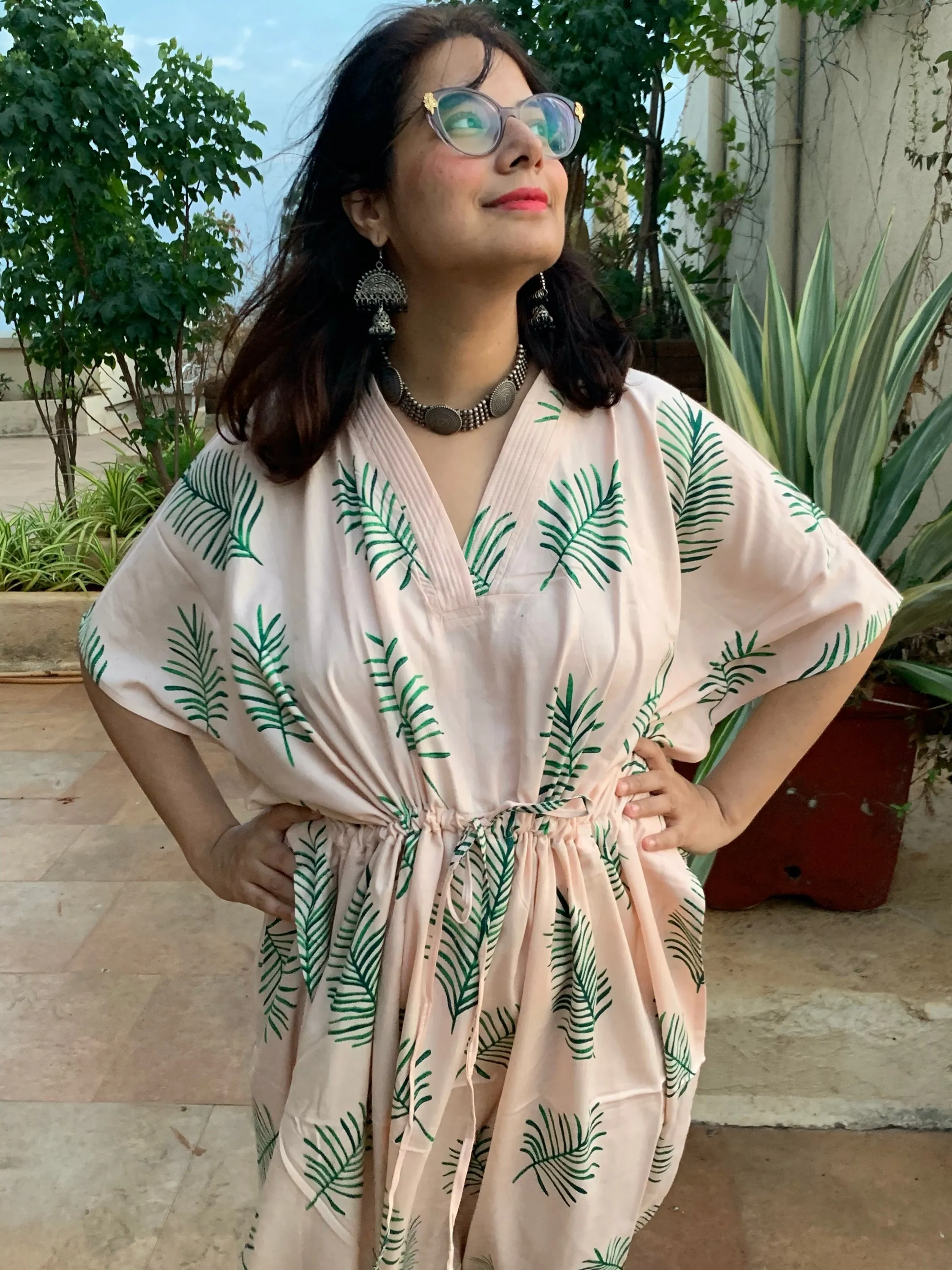 Tropical Delight V-Neck, Cinched Waist Ankle Length Caftan