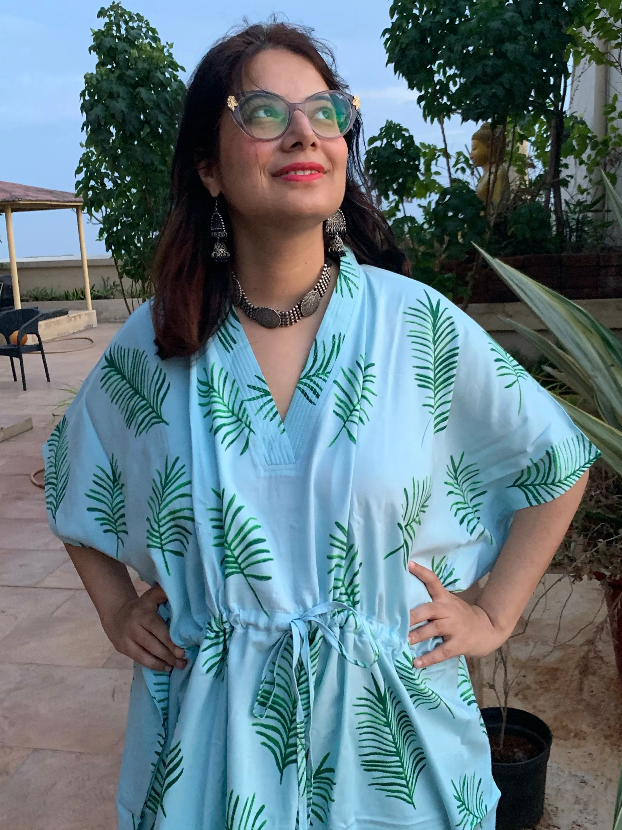 Tropical Delight V-Neck, Cinched Waist Ankle Length Caftan