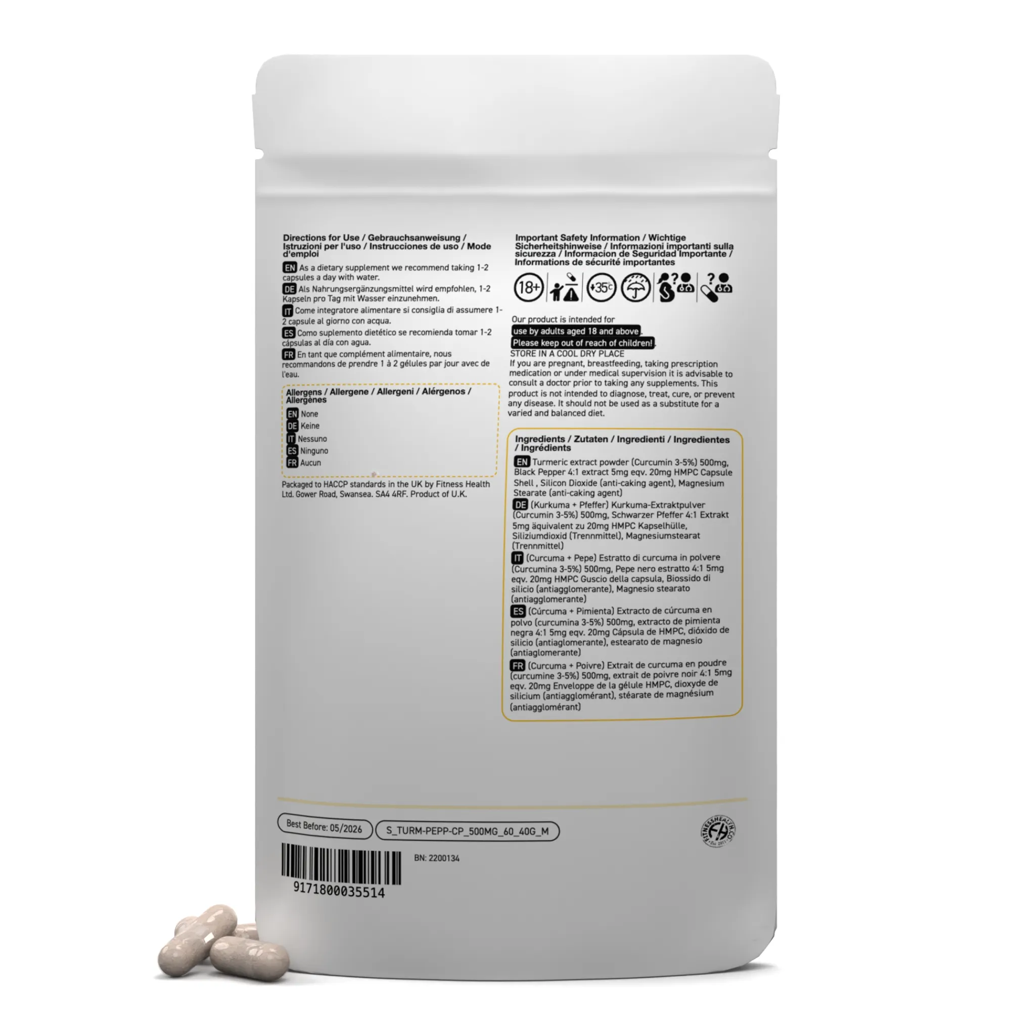 Turmeric Extract 500mg Capsules and Black Pepper 20mg