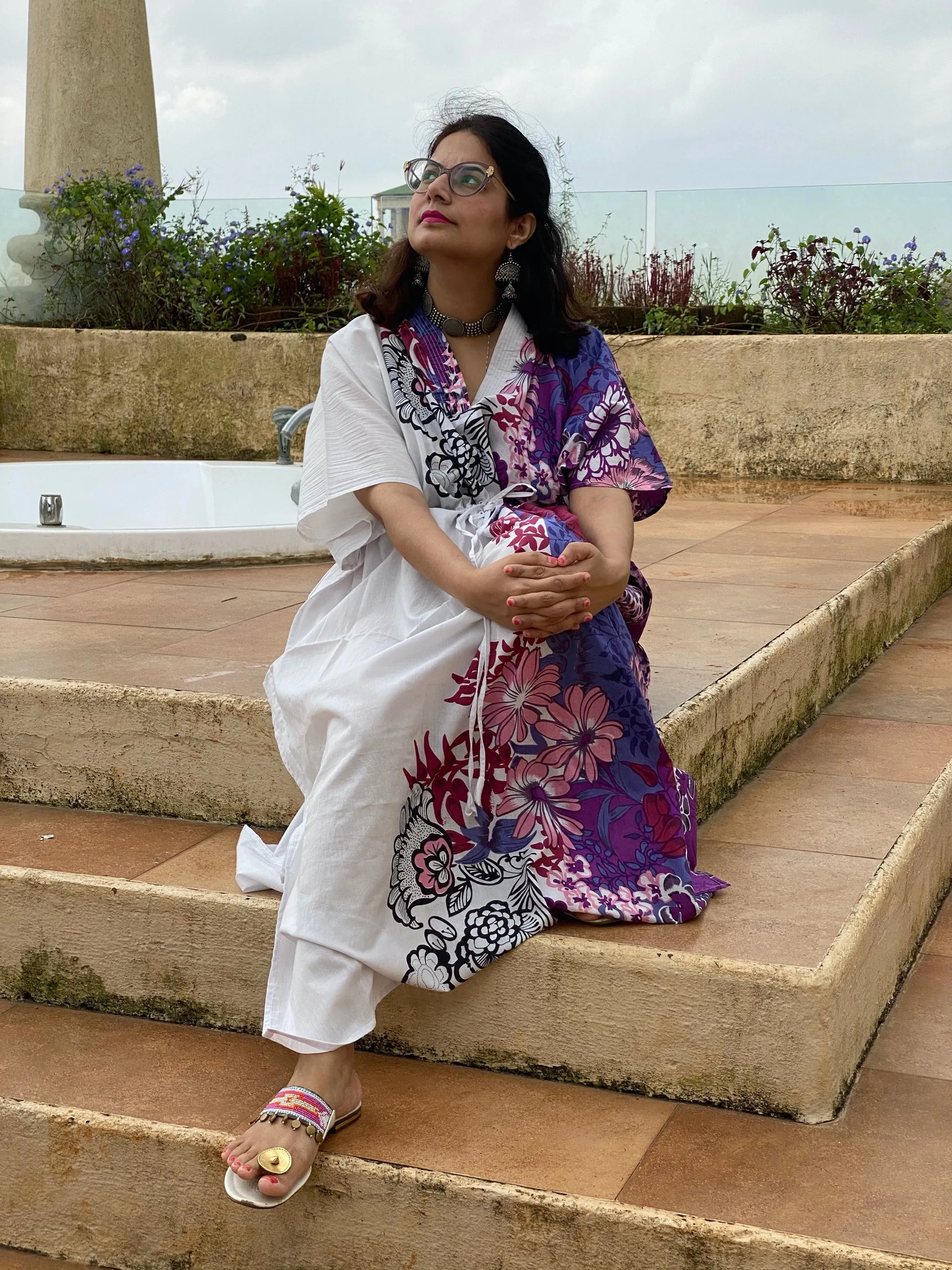 Vibrant Foliage V-Neck, Cinched Waist Ankle Length Kaftan
