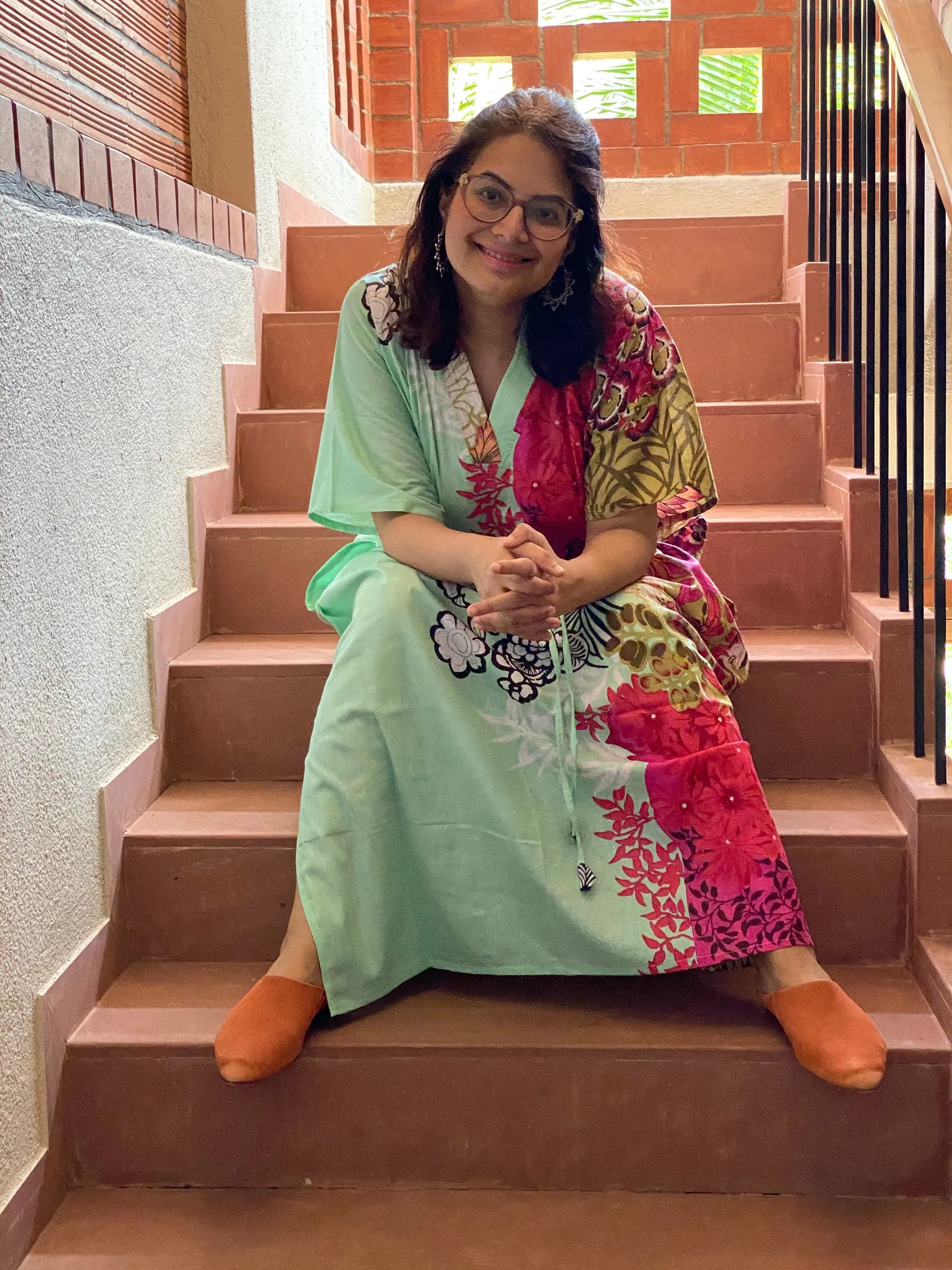 Vibrant Foliage V-Neck, Cinched Waist Ankle Length Kaftan