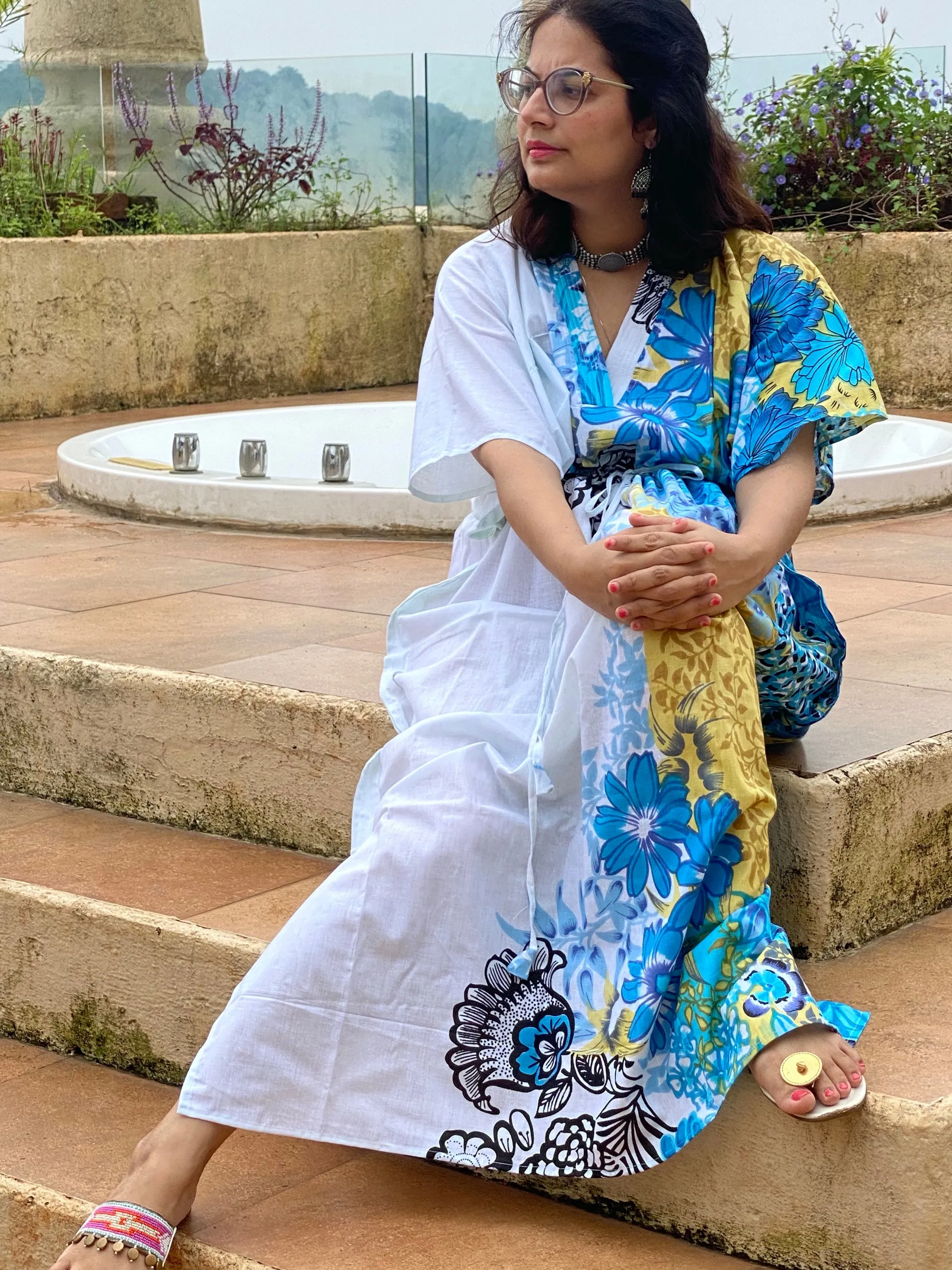 Vibrant Foliage V-Neck, Cinched Waist Ankle Length Kaftan