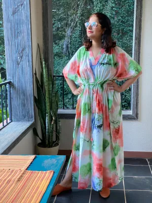 Watercolor Splash V-Neck, Cinched Waist Ankle Length Caftan