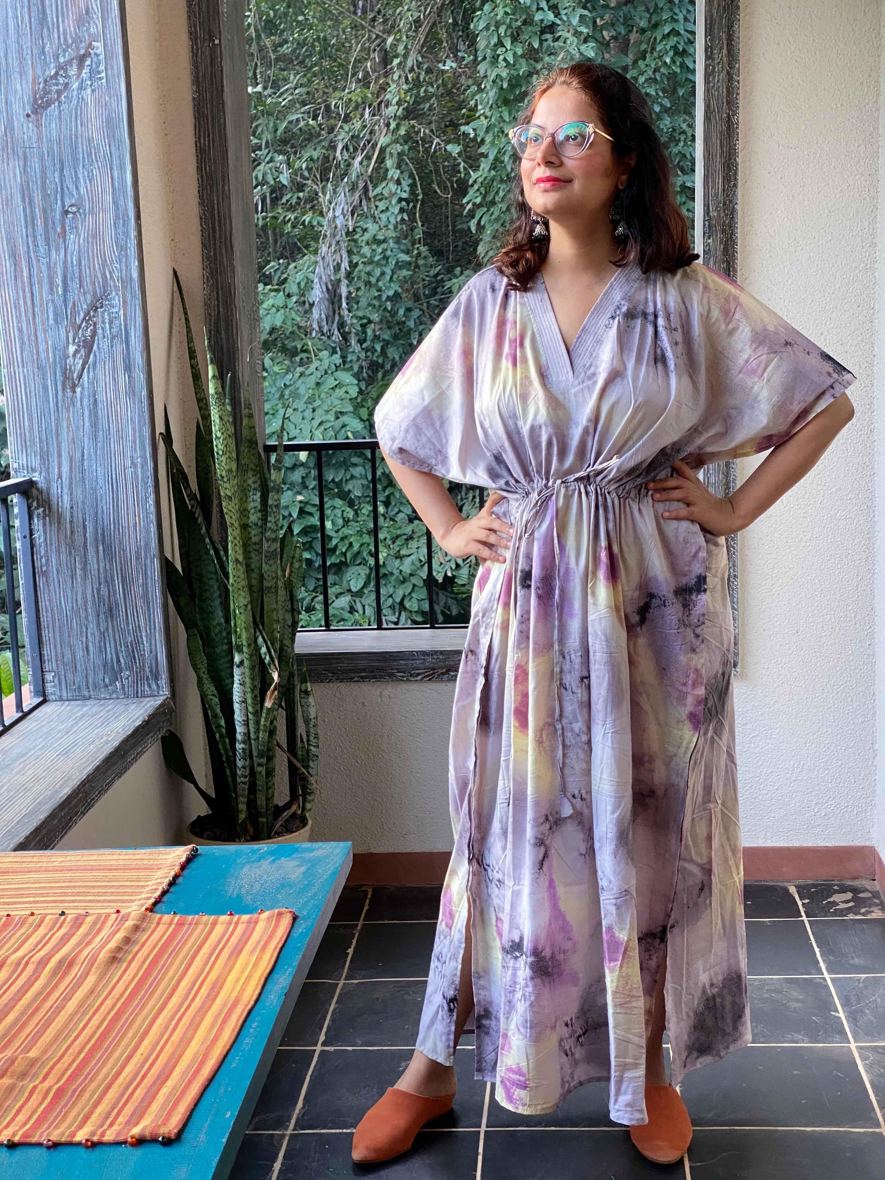 Watercolor Splash V-Neck, Cinched Waist Ankle Length Kaftan