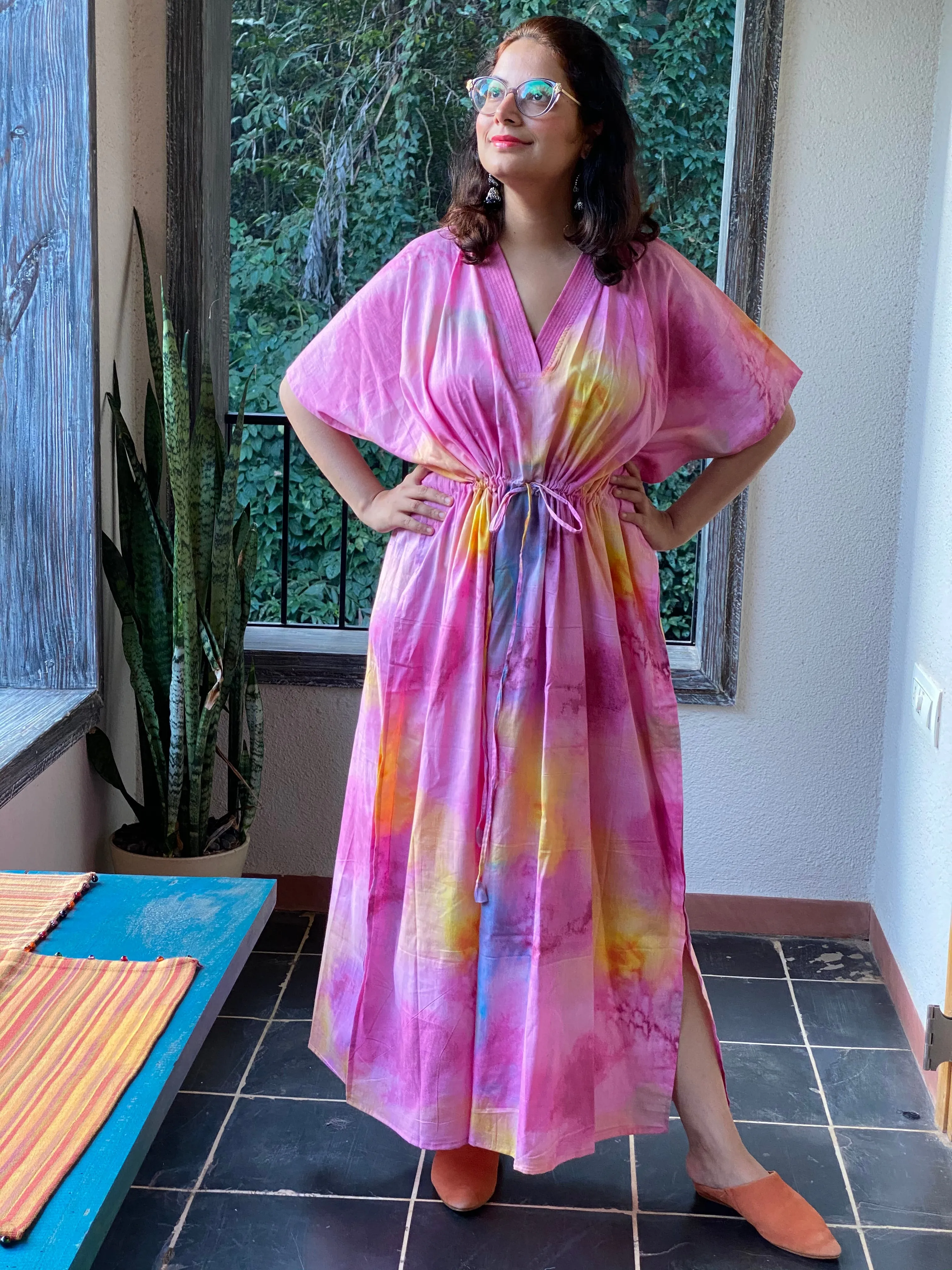 Watercolor Splash V-Neck, Cinched Waist Ankle Length Kaftan
