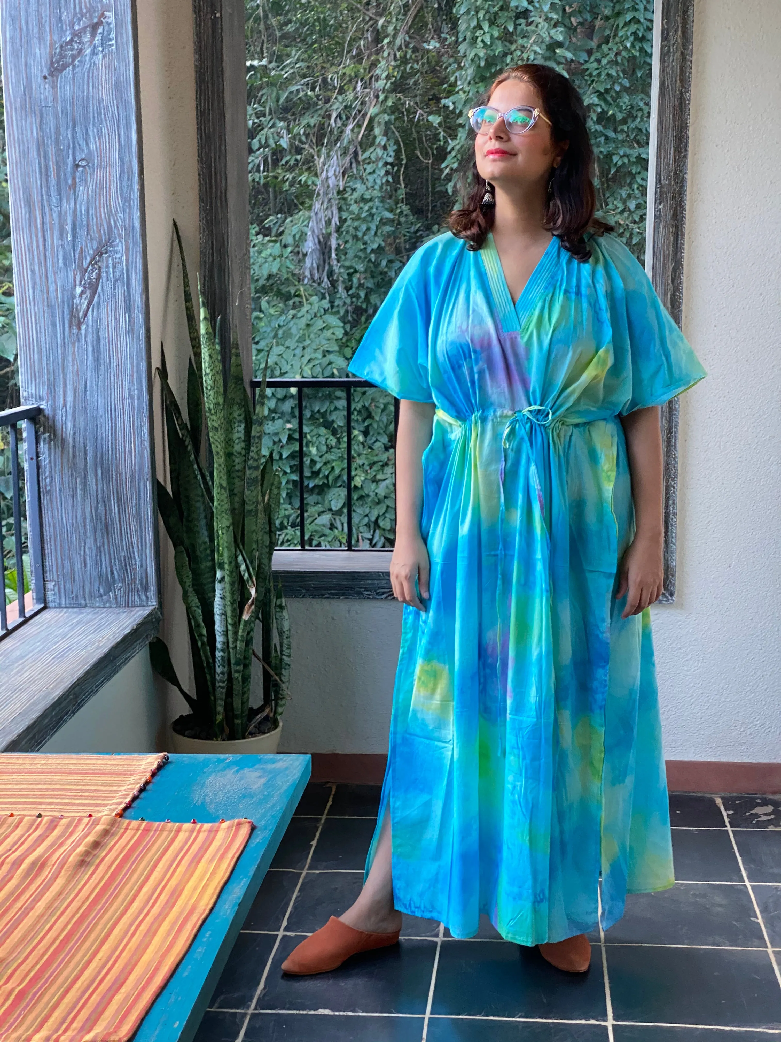 Watercolor Splash V-Neck, Cinched Waist Ankle Length Kaftan