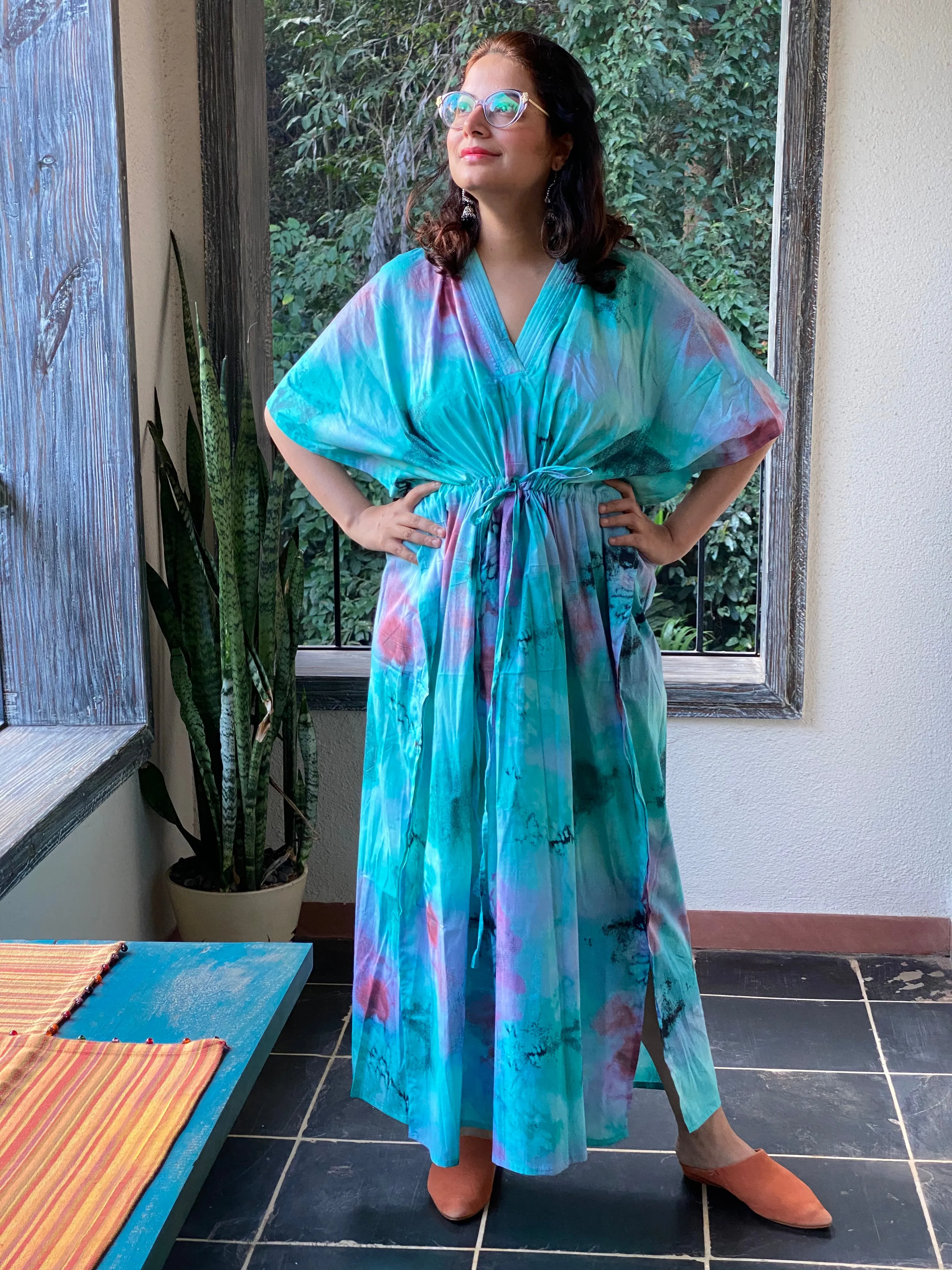 Watercolor Splash V-Neck, Cinched Waist Ankle Length Kaftan