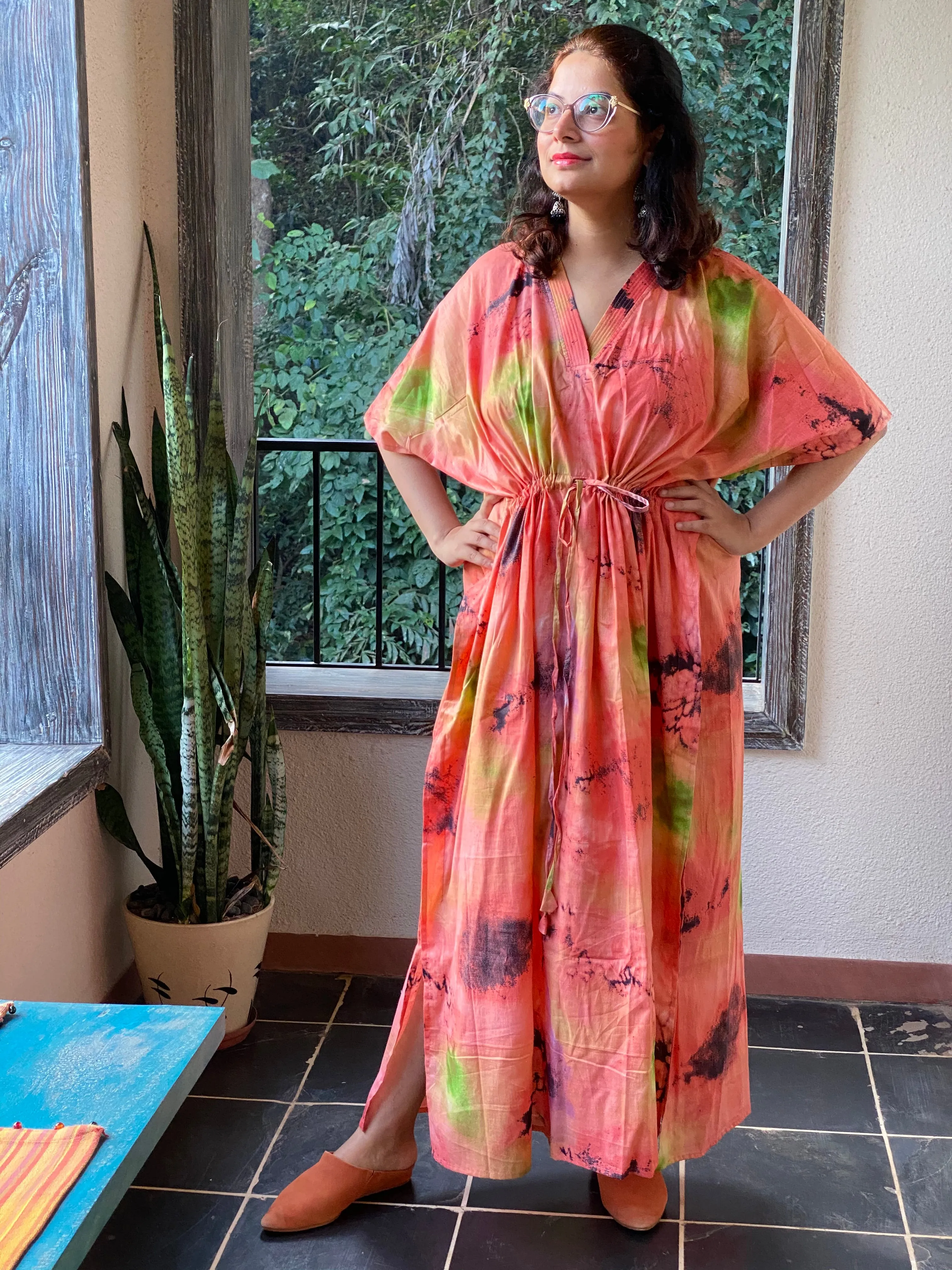 Watercolor Splash V-Neck, Cinched Waist Ankle Length Kaftan