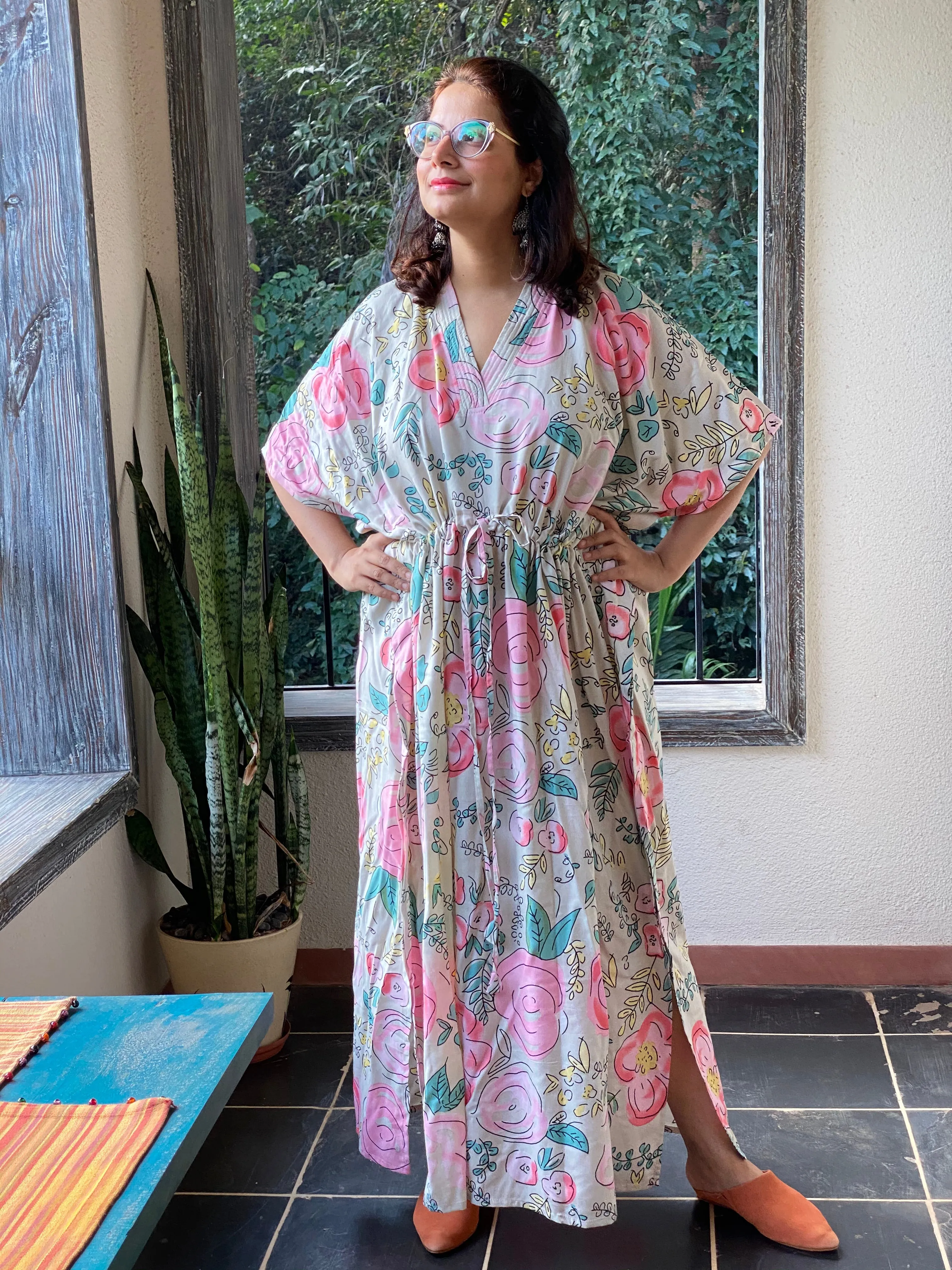 Whimsical Giggles V-Neck, Cinched Waist Ankle Length Kaftan