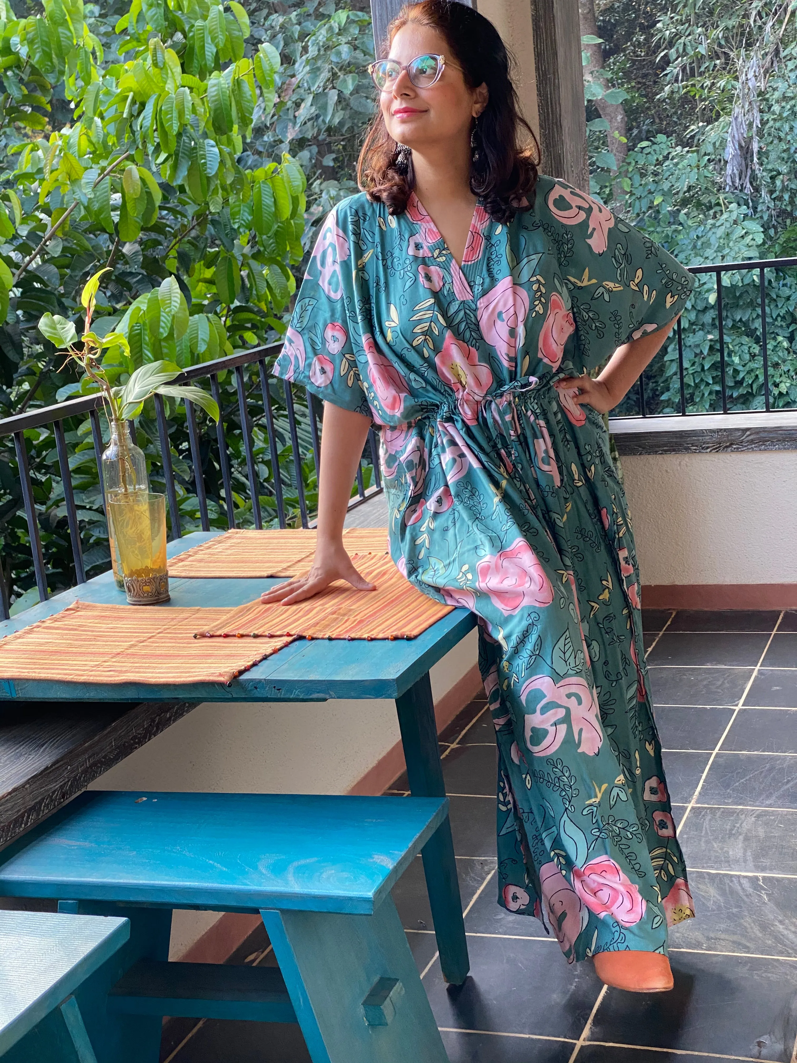 Whimsical Giggles V-Neck, Cinched Waist Ankle Length Kaftan