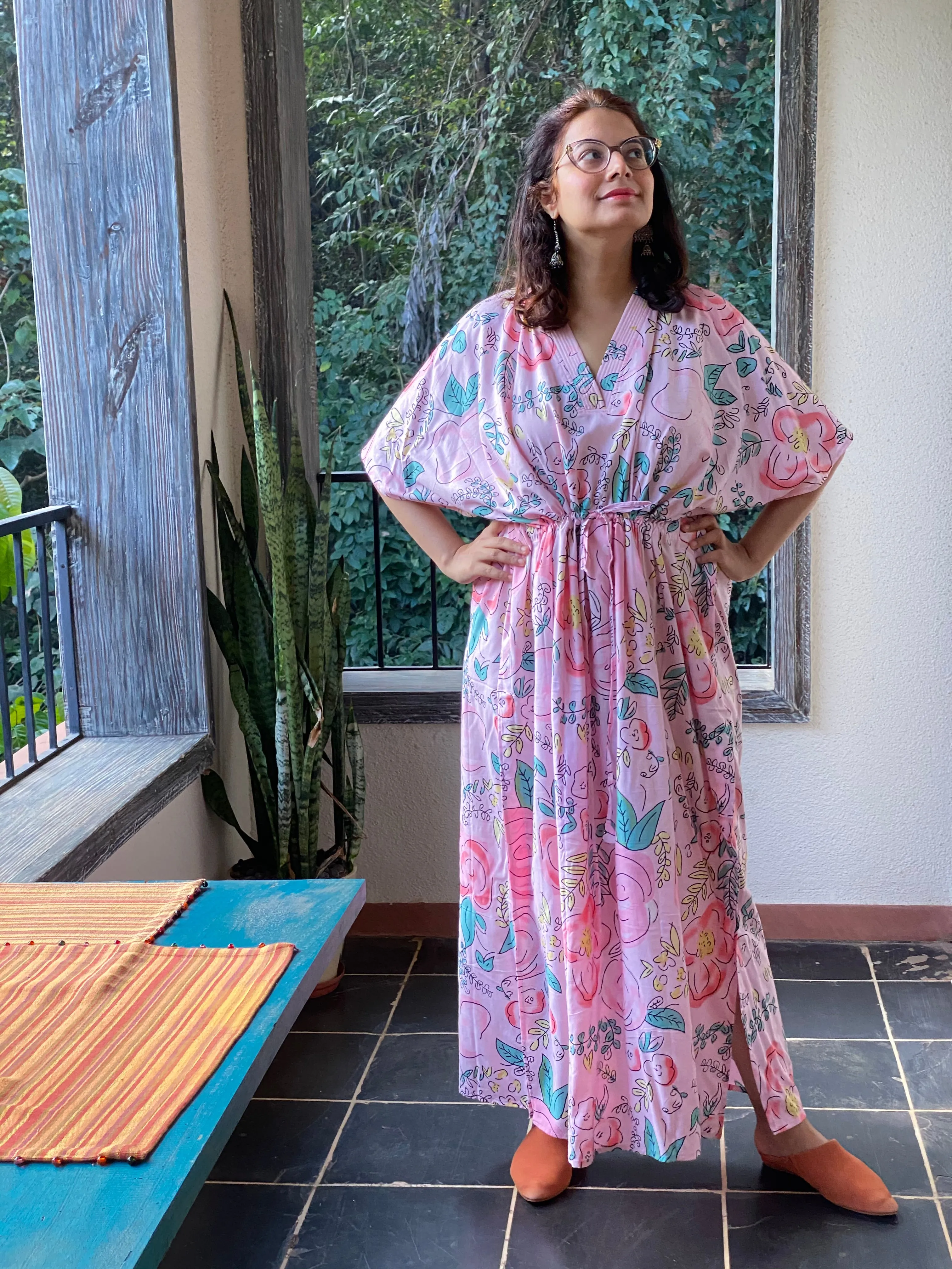 Whimsical Giggles V-Neck, Cinched Waist Ankle Length Kaftan