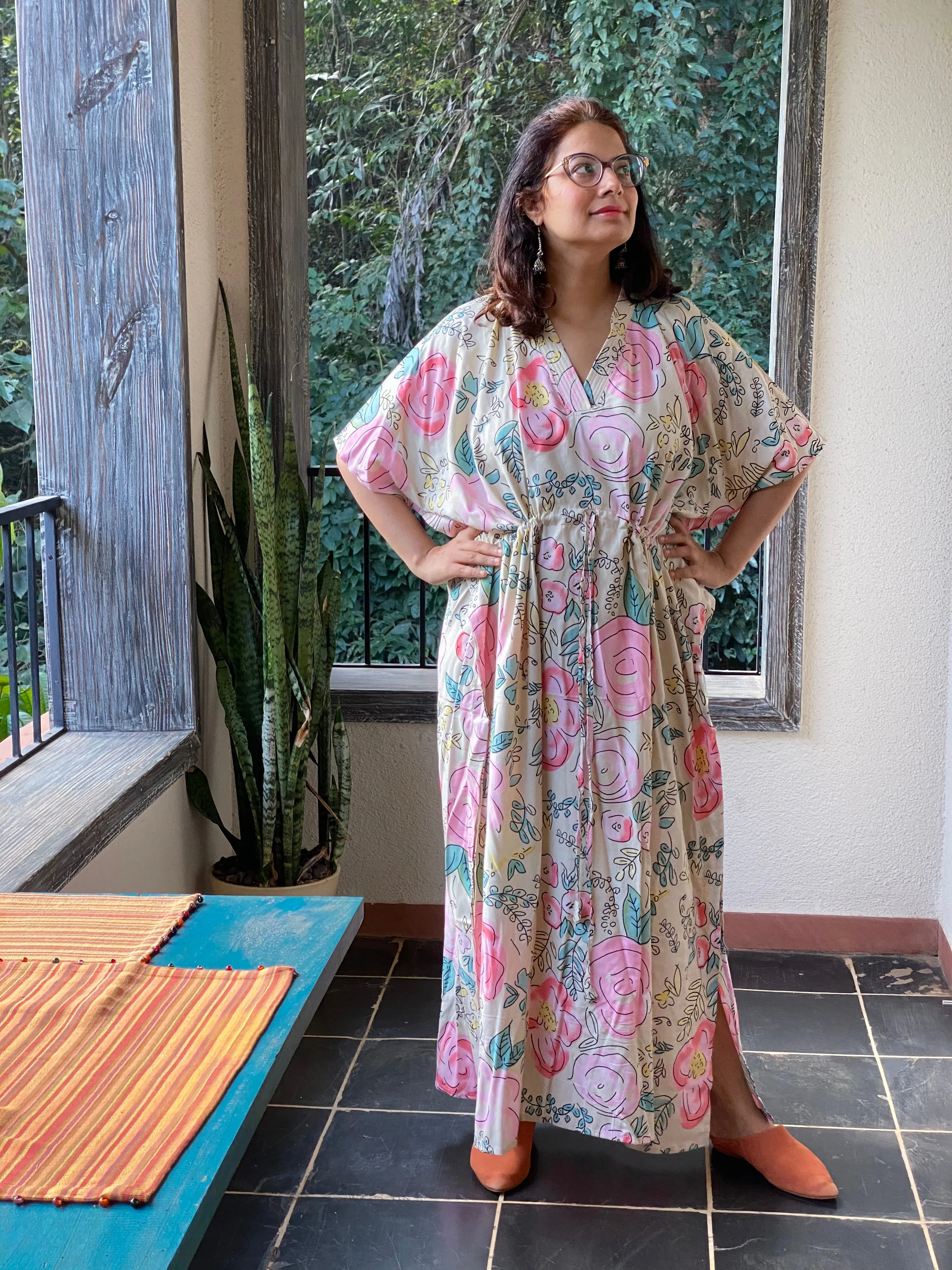 Whimsical Giggles V-Neck, Cinched Waist Ankle Length Kaftan