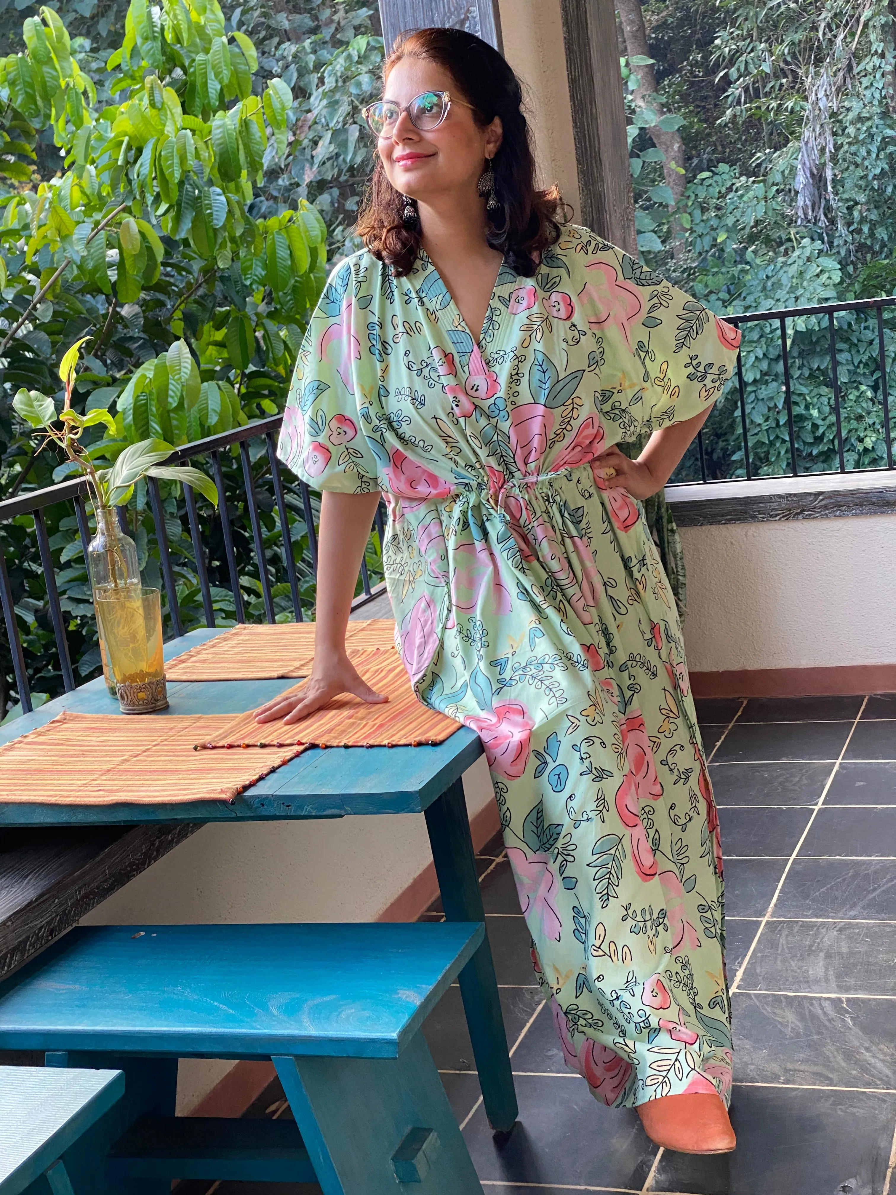 Whimsical Giggles V-Neck, Cinched Waist Ankle Length Kaftan