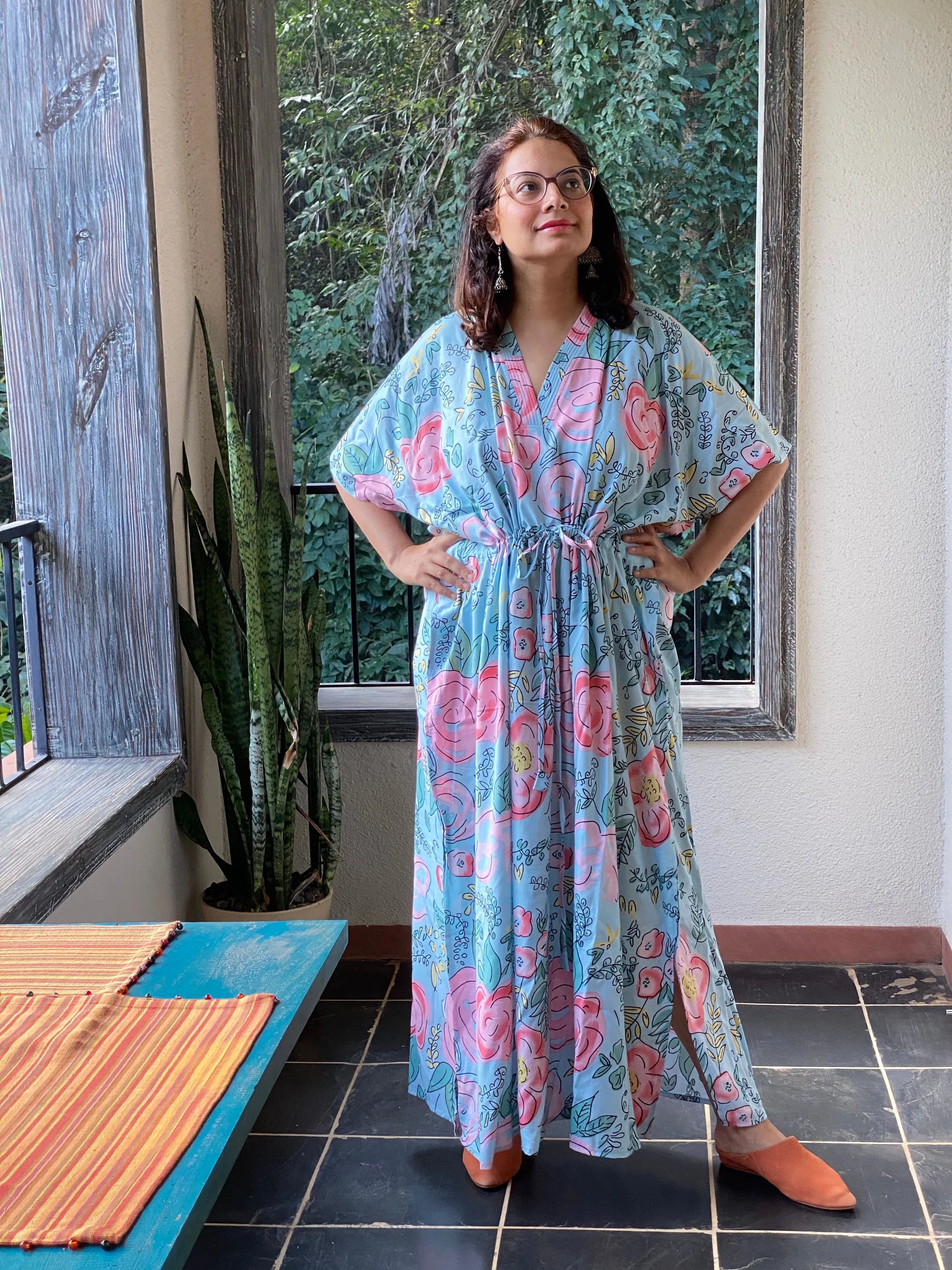 Whimsical Giggles V-Neck, Cinched Waist Ankle Length Kaftan