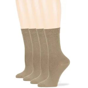 Women's Cotton Dress Socks - 4 Pack Large - Solid Casual Crew Lightweight Business Sock Size 10-12 Shoe Size 8-12 L Khaki