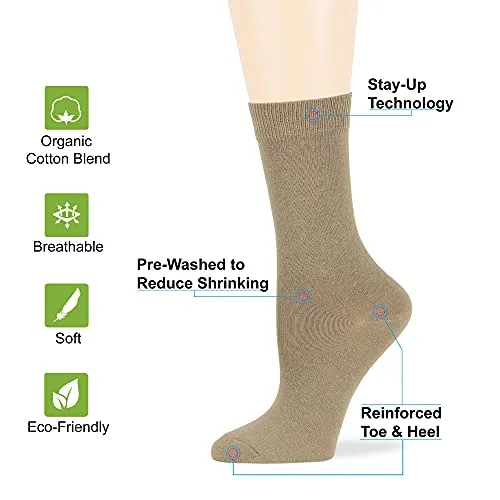 Women's Cotton Dress Socks - 4 Pack Large - Solid Casual Crew Lightweight Business Sock Size 10-12 Shoe Size 8-12 L Khaki