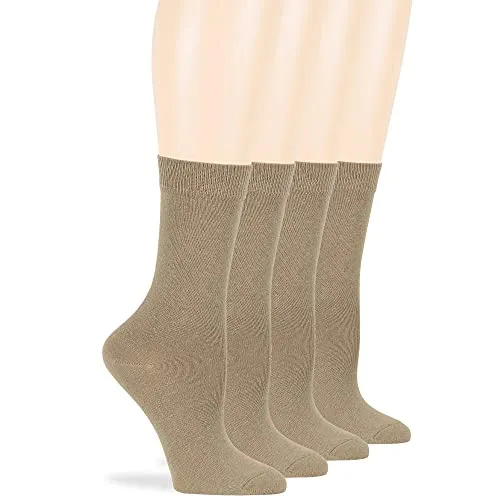 Women's Cotton Dress Socks - 4 Pack Large - Solid Casual Crew Lightweight Business Sock Size 10-12 Shoe Size 8-12 L Khaki
