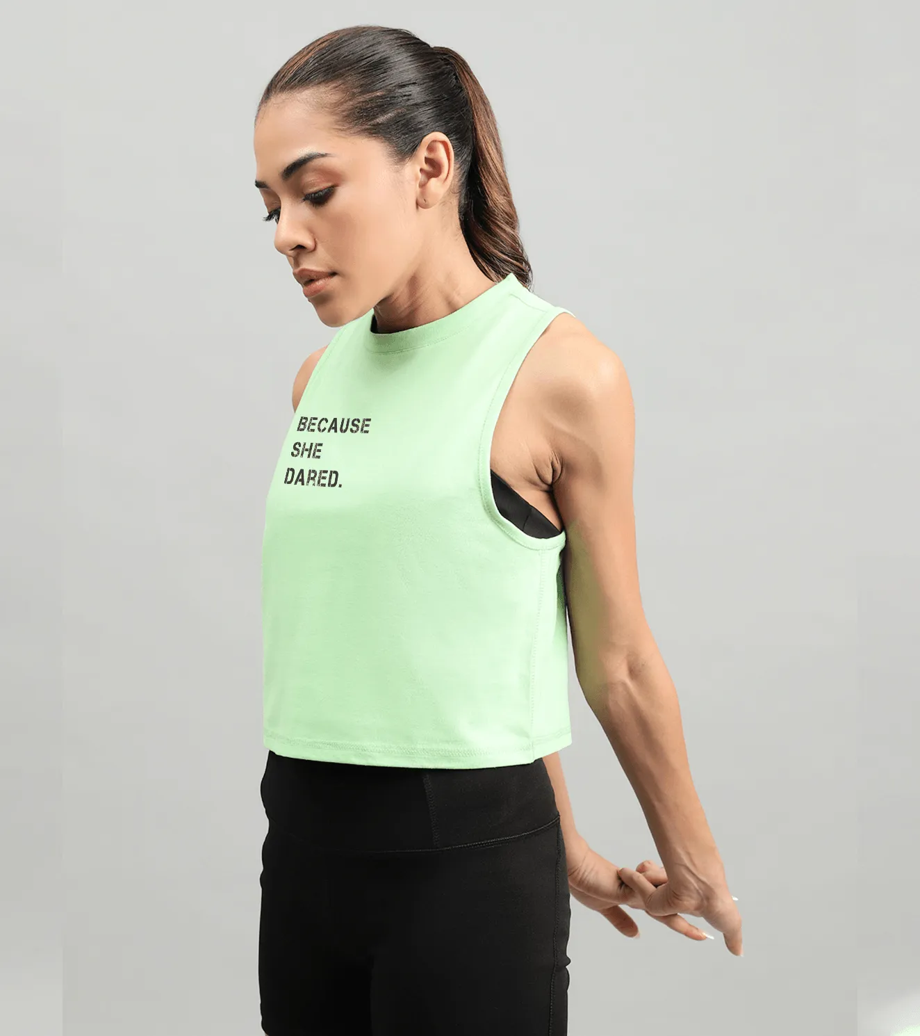 Women's She dared crop muscle tank top ( light green )